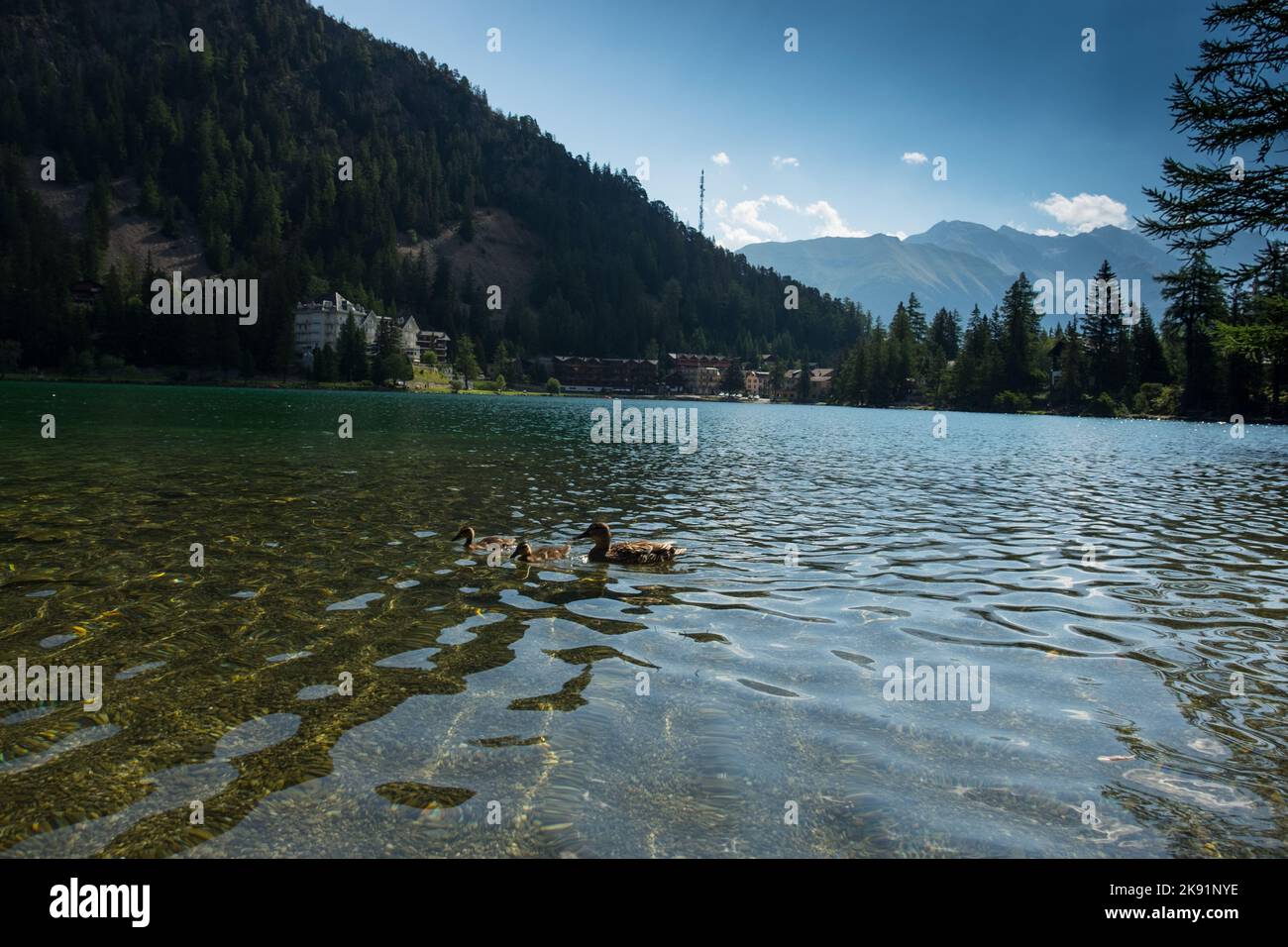 Vista panoramica di un lago di montagna, girato a Champex-Lac, Vallese, Svizzera Foto Stock