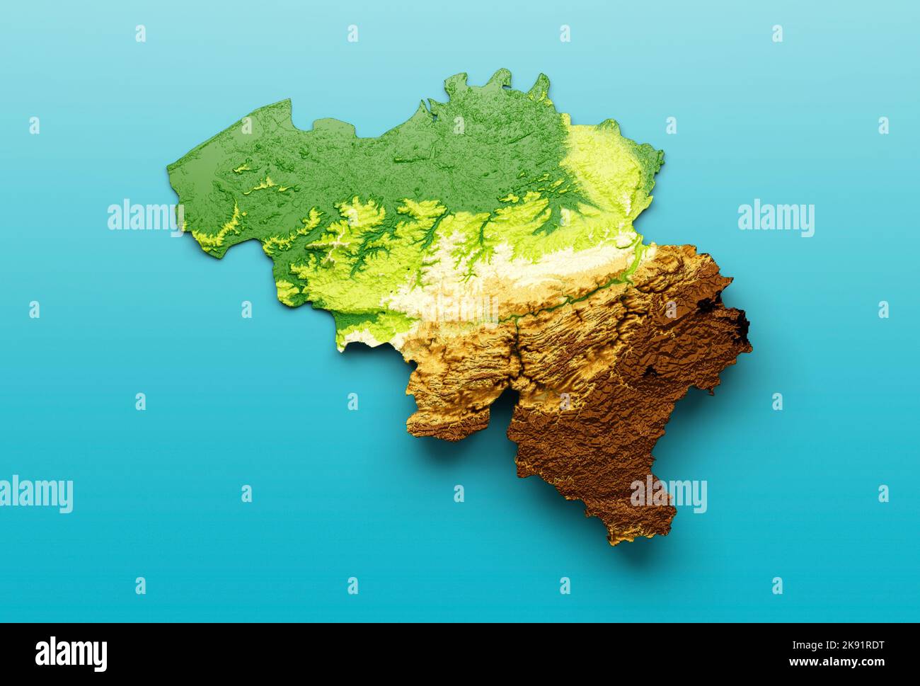 Mappa del Belgio rilievo ombreggiato colore altezza mappa sul mare sfondo blu 3D illustrazione Foto Stock