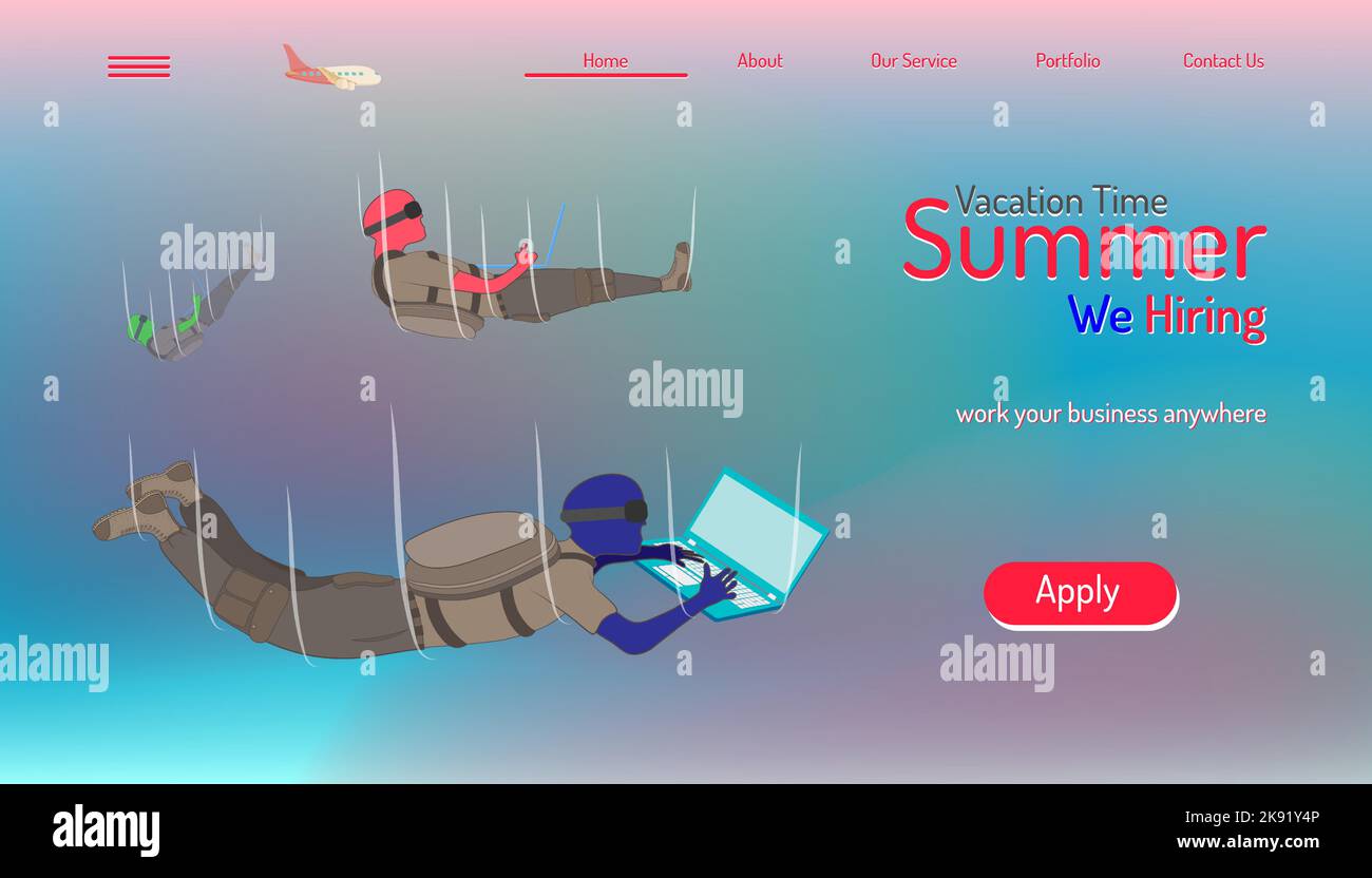 Un vettore di un modello di sito web landing page con uomini fluttuanti che lavorano sul laptop Illustrazione Vettoriale