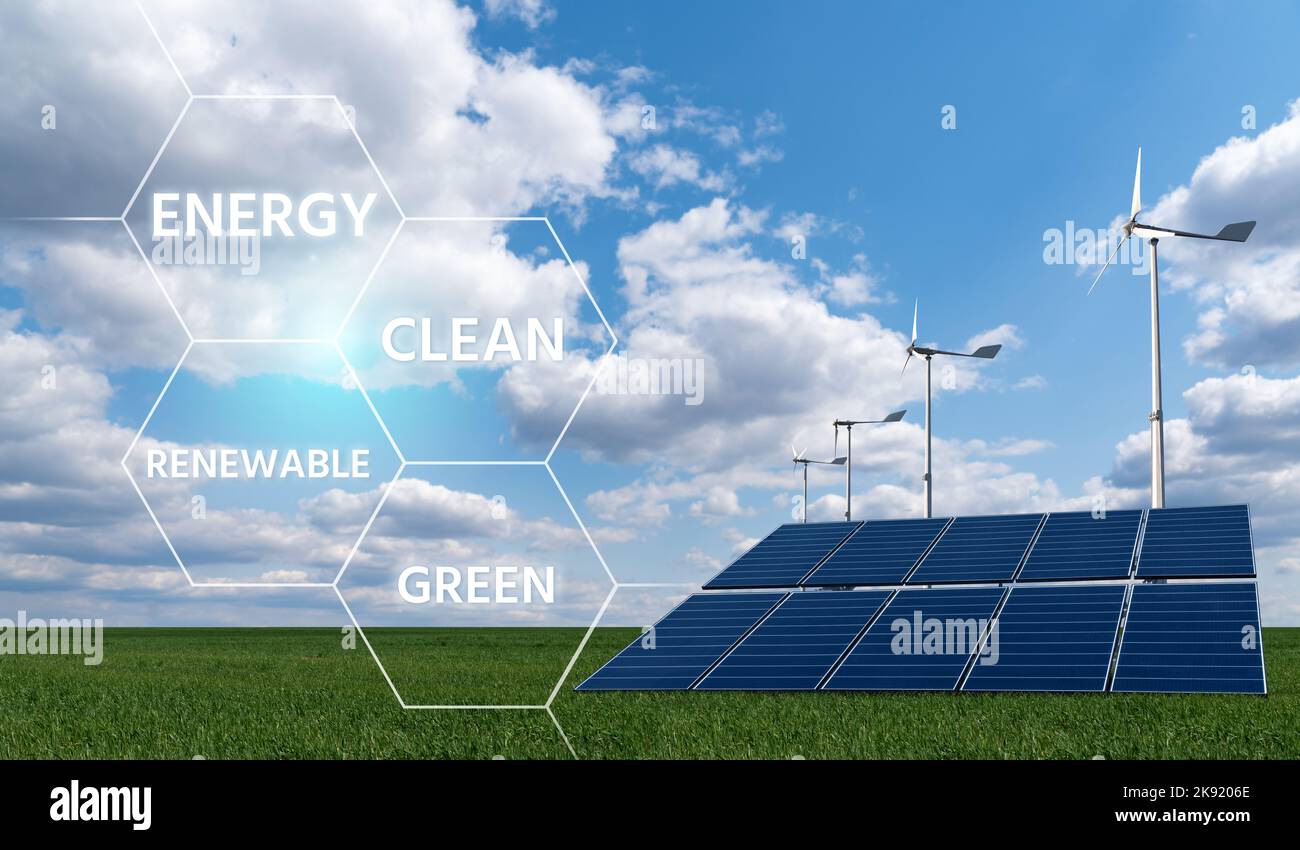 Pannelli solari e turbine eoliche su un campo verde. Concetto di energia rinnovabile pulita Foto Stock