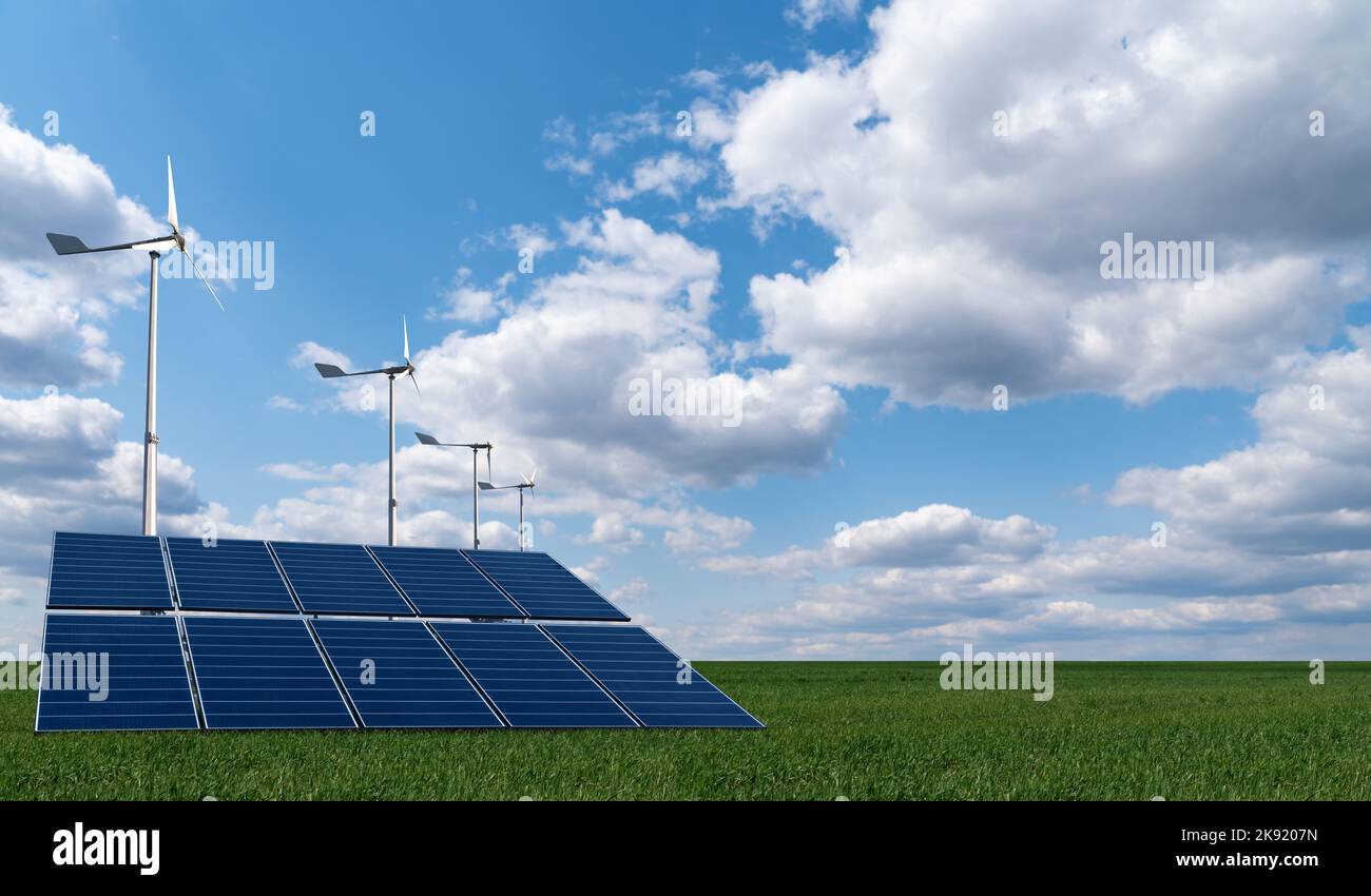 Pannelli solari e turbine eoliche su un campo verde. Concetto di energia rinnovabile pulita Foto Stock