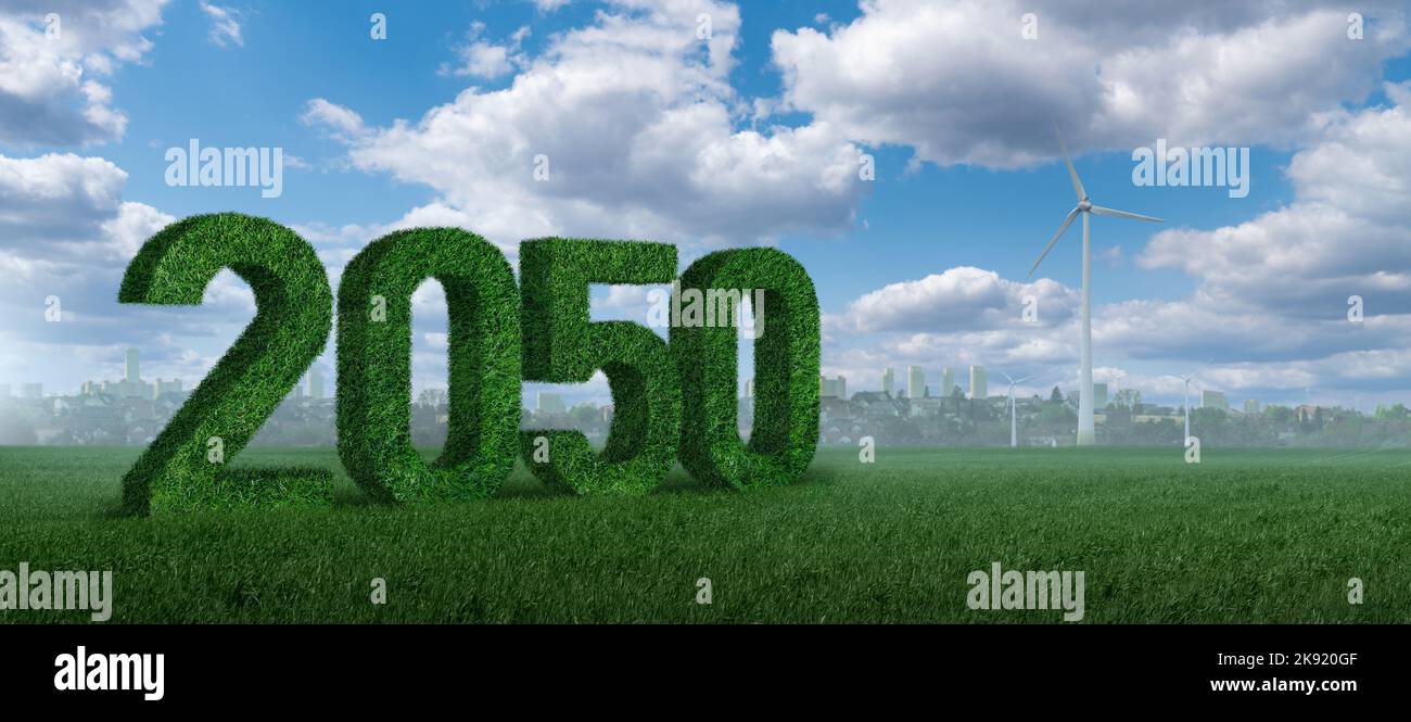 Numeri 2050 da erba. Un simbolo dello sviluppo sostenibile e della piena transizione alle energie rinnovabili entro 2050 anno. Foto Stock