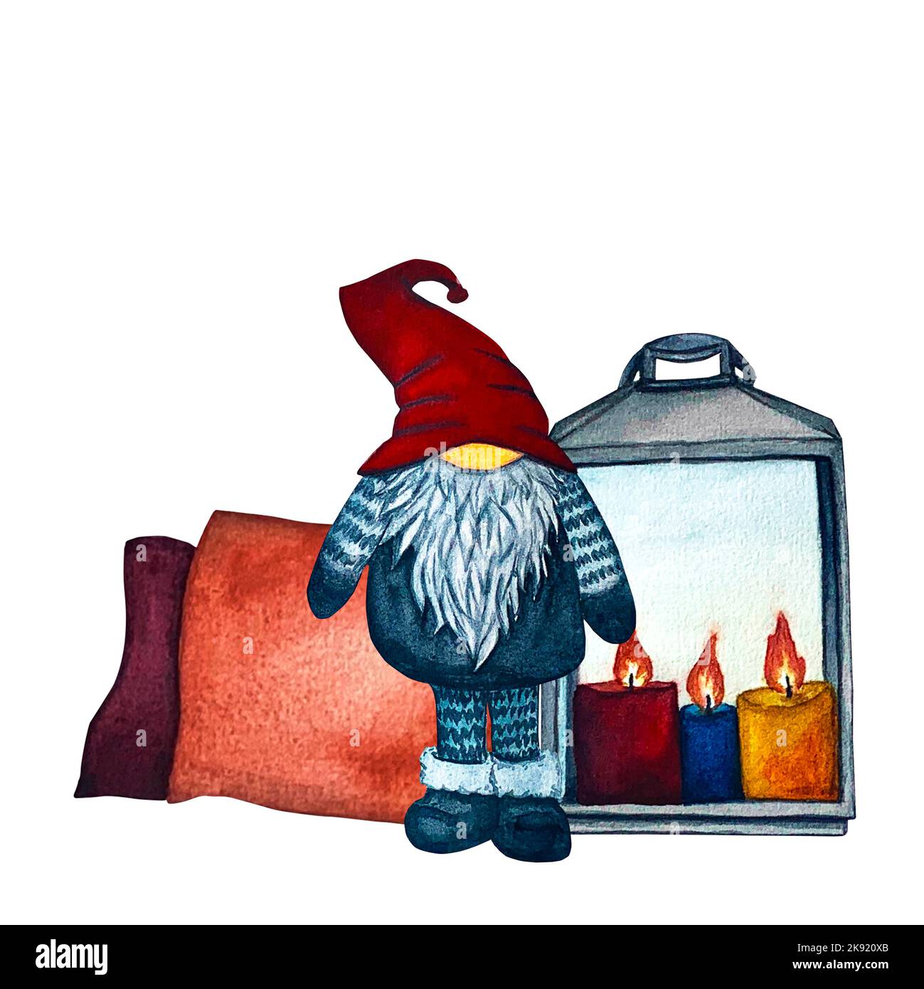 Gnomo di Natale, lanterna e candele acquerello Illustrazione isolata su sfondo bianco. Foto Stock