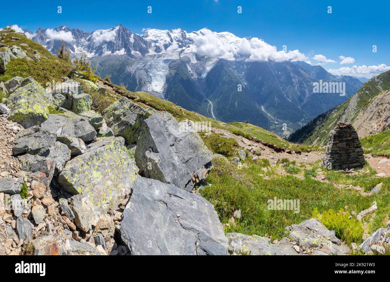 Il massiccio del Monte Bianco e Aigulle du Midi e Aiguille du Plan picco - Chamonix. Foto Stock