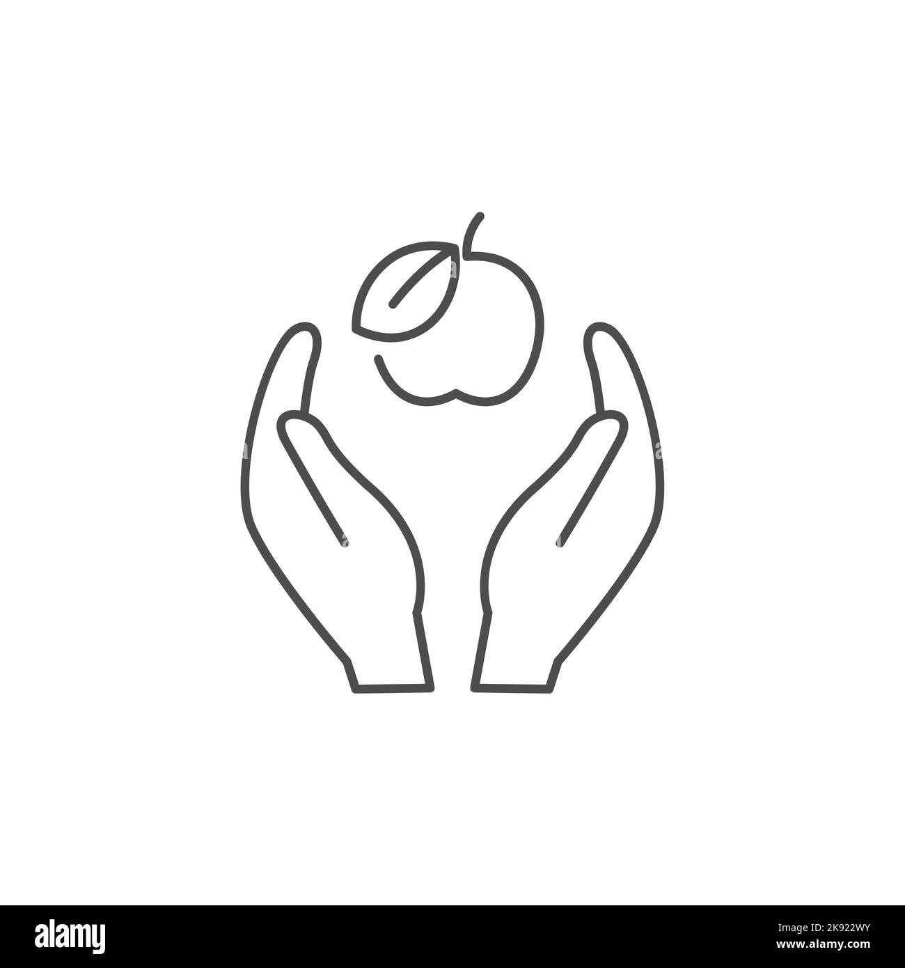Mano tenere mela linea icona frutta illustrazione cibo eco sano simbolo icona vettore. Illustrazione Vettoriale