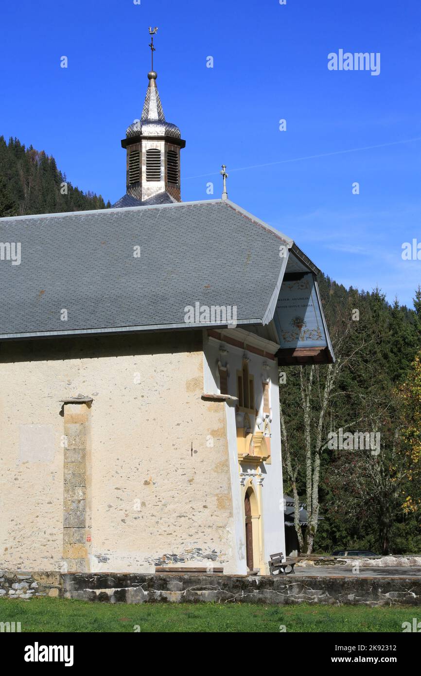 Eglise Notre-Dame de la Gorge. Les Contamines-Montjoie. Alta Savoia. Auvergne-Rhône-Alpi. Francia. Europa. Foto Stock