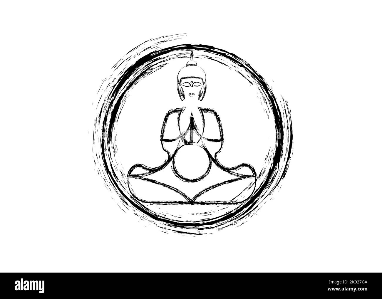 Buddha in meditazione, Enso Zen Circolo dell'Illuminismo, simbolo e meditazione Buddha silhouette concetto, Buddismo, Giappone, vettore isolato su bianco Illustrazione Vettoriale