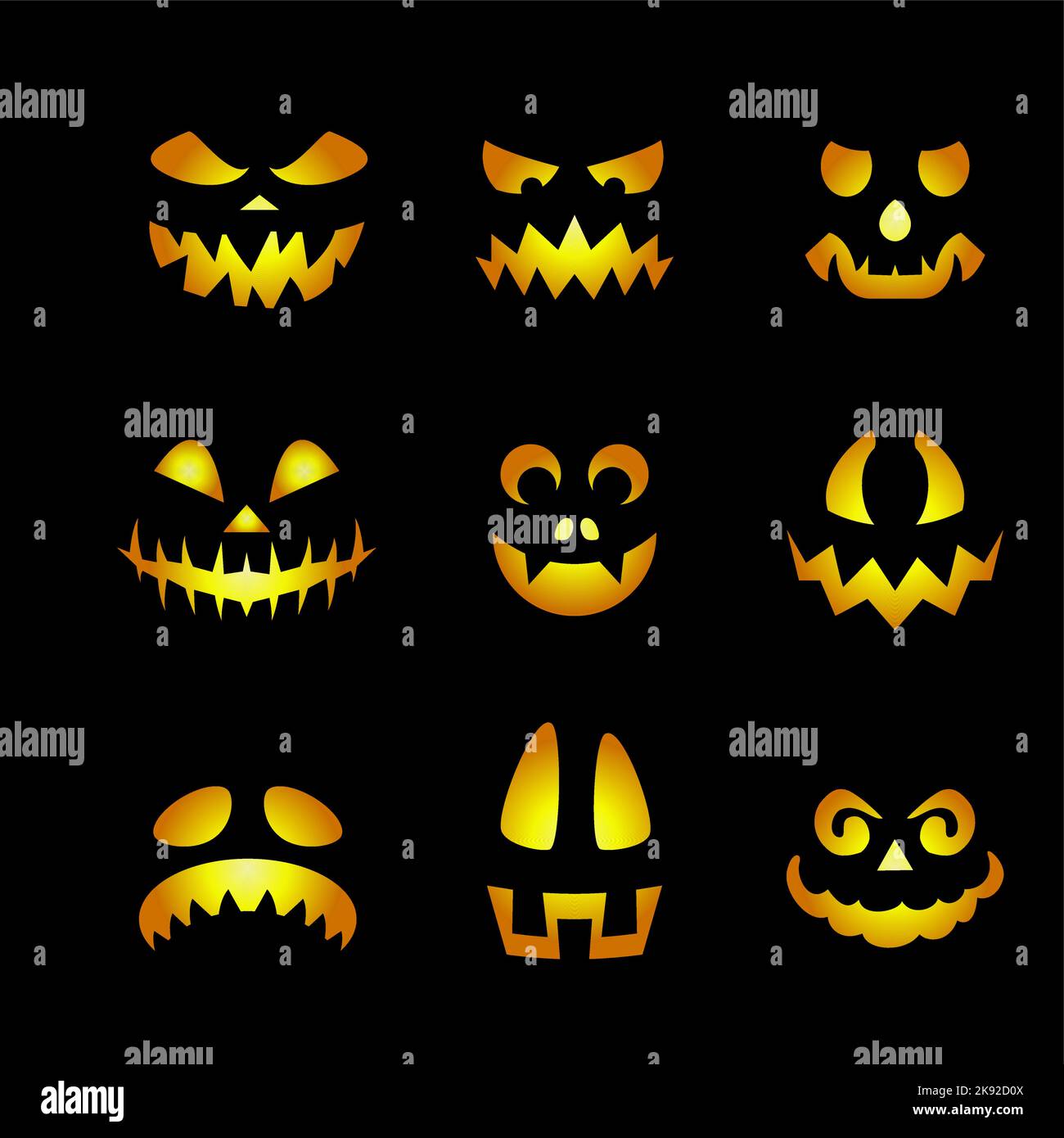 Emoticon di pelle di zucca incandescente. Spaventoso Halloween emoji di Angry Ghost, o Alien, creature Spooky con occhi, denti malvagi e sorrisi Creepy impostato su Bla Illustrazione Vettoriale