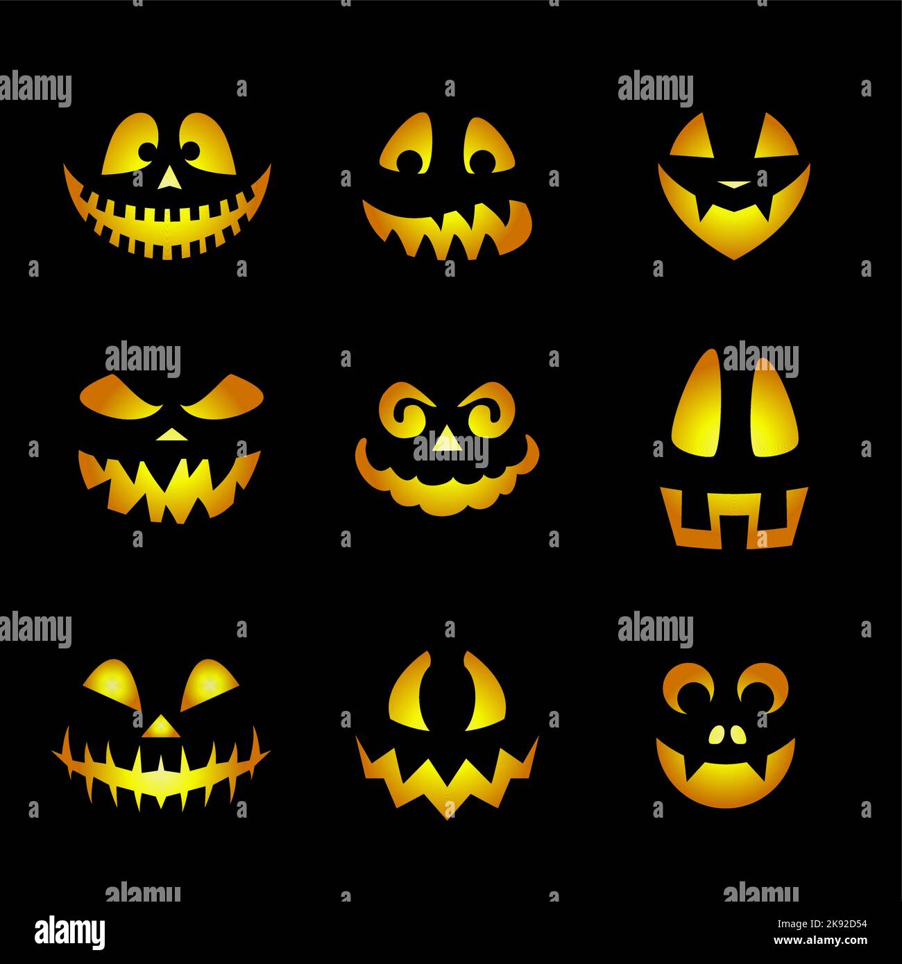 Emoticon di pelle di zucca incandescente. Spaventoso Halloween emoji di Angry Ghost, creature Spooky con occhi, denti malvagi e sorrisi Creepy impostato su Black Illustrazione Vettoriale