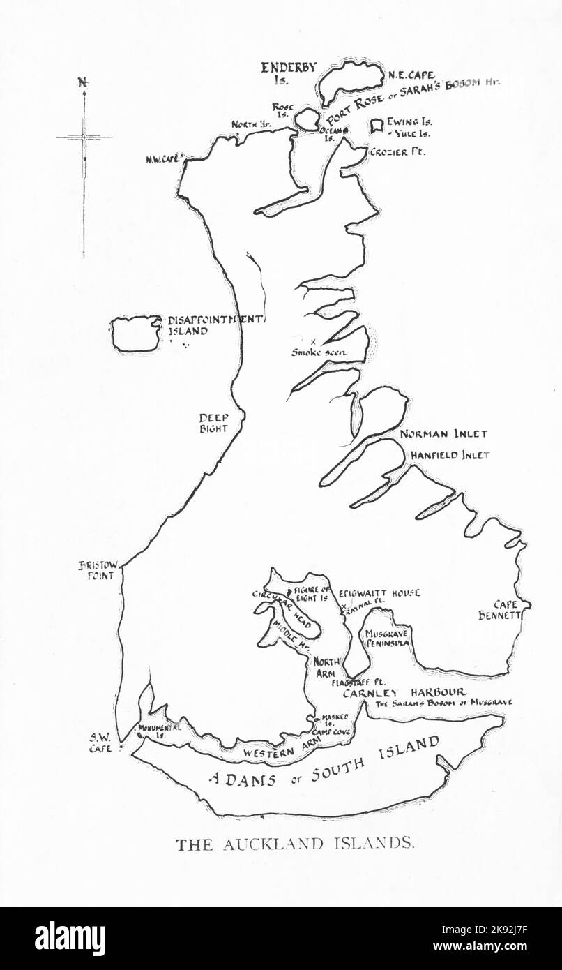Mappa retrò delle Isole Auckland, a sud della Nuova Zelanda Foto Stock