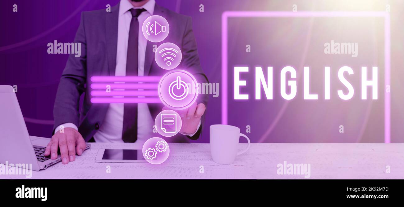 Didascalia di testo in inglese. Panoramica aziendale possibile comunicazione tra paesi l'unica lingua comune Foto Stock