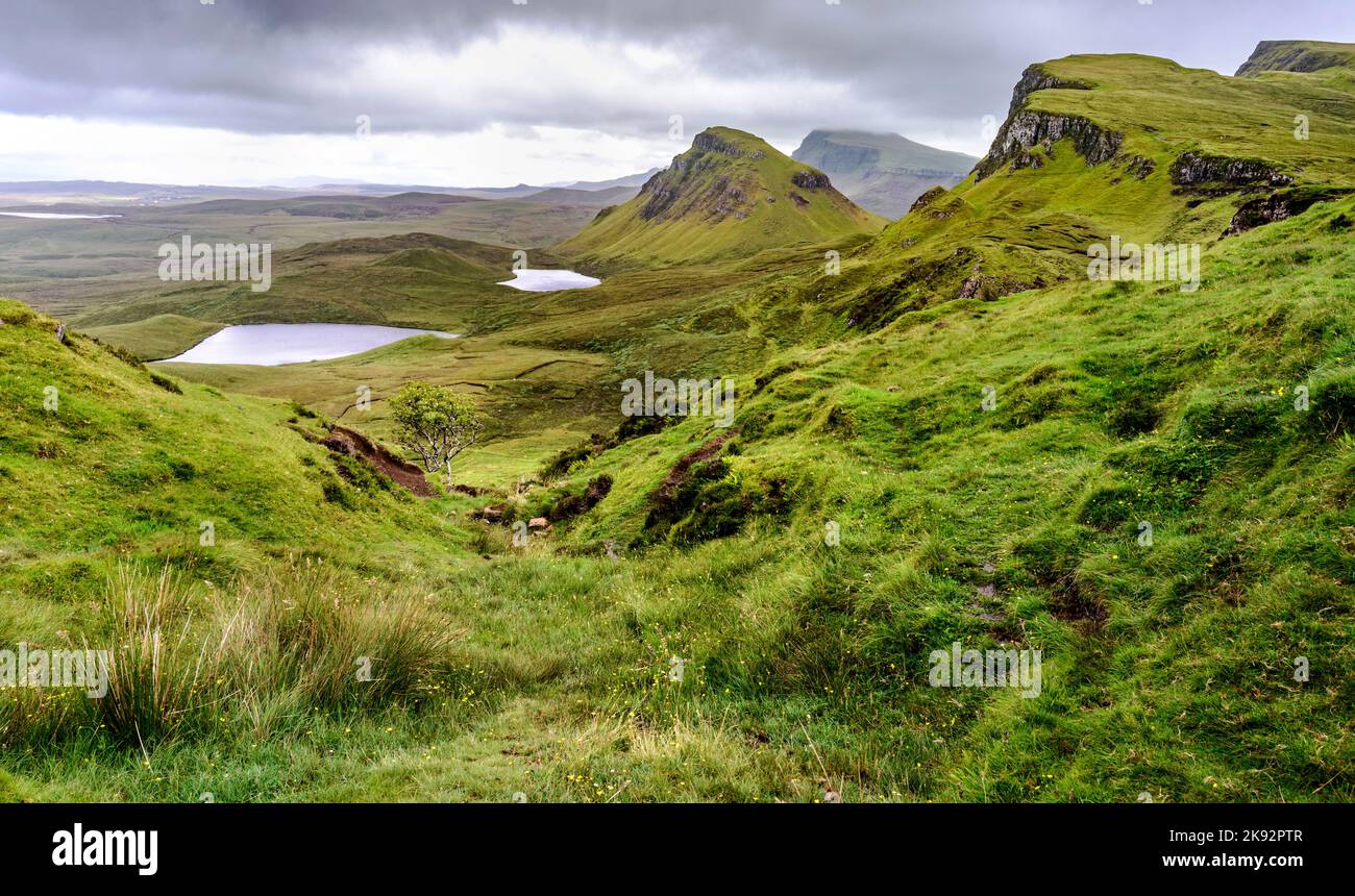 Splendido e suggestivo scenario montuoso scozzese, cime di montagna frastagliate e scogliere a strapiombo, lungo le colline del Quiraing camminano, erba verde e shr Foto Stock