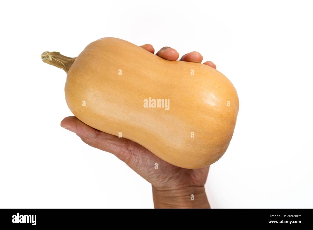 Uomo che tiene una zucca di butternut isolato su uno sfondo bianco. Zucca perfetta per l'autunno e la stagione del raccolto. Foto Stock