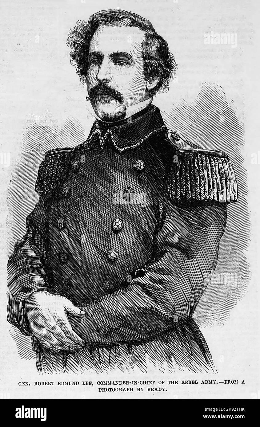 Ritratto del generale Robert Edmund Lee, comandante in capo dell'esercito ribelle. 1862. Illustrazione della guerra civile americana del 19th° secolo dal quotidiano illustrato di Frank Leslie Foto Stock