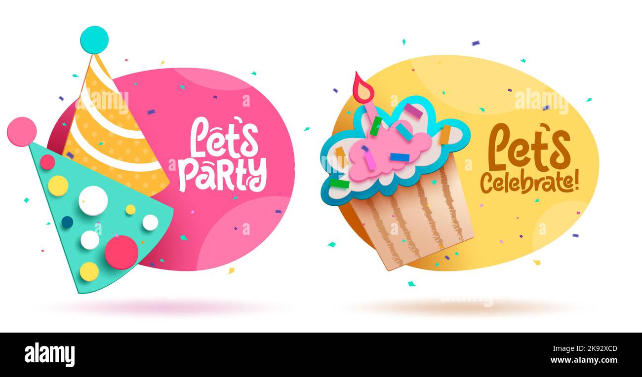 Design del set vettoriale per feste di compleanno. Facciamo festa e festeggiamo la decorazione per lo sfondo della collezione di biglietti d'invito. Illustrazione vettoriale. Illustrazione Vettoriale