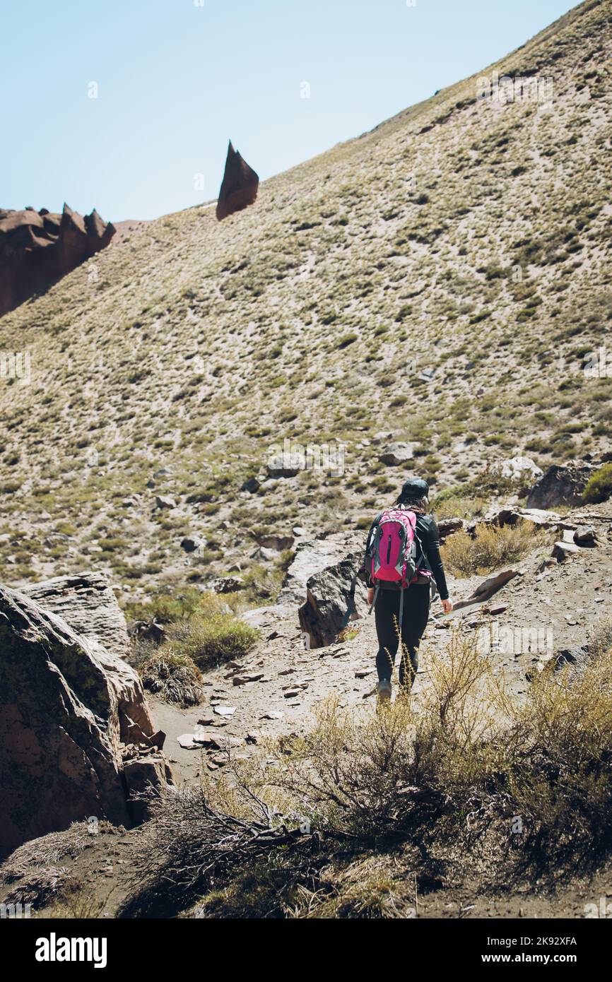 Vista posteriore di una donna escursionista che cammina attraverso un sentiero roccioso con uno zaino sopra. Scatto verticale Foto Stock