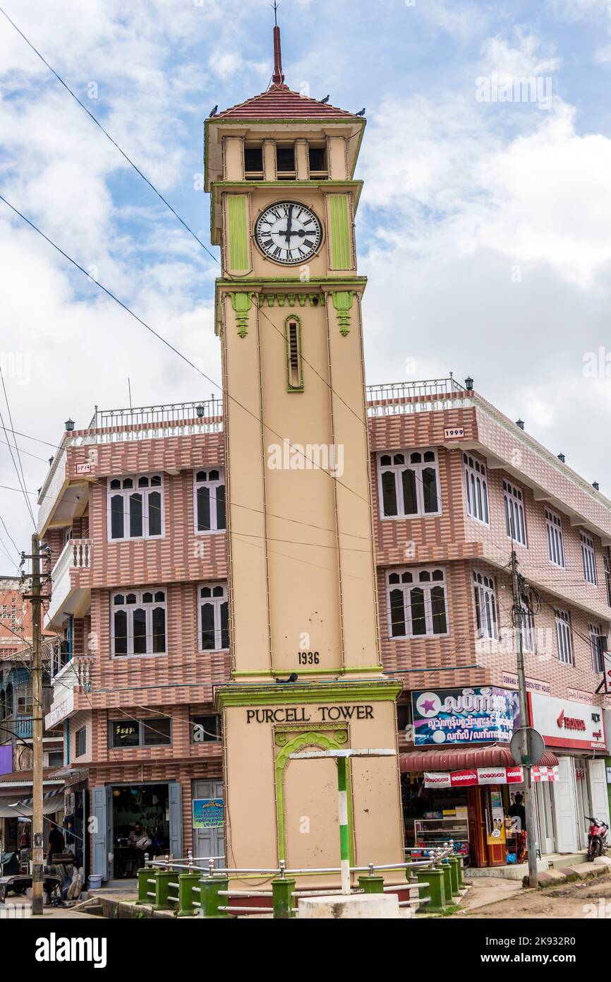 PYIN Oo LWIN, MYANMAR - 18 agosto 2015: Torre Purcell nella città, Pyin Oo Lwin. L'orologio è stato fatto nel 1934 da Gillete e Johnson Co. Di Inghilterra in c Foto Stock