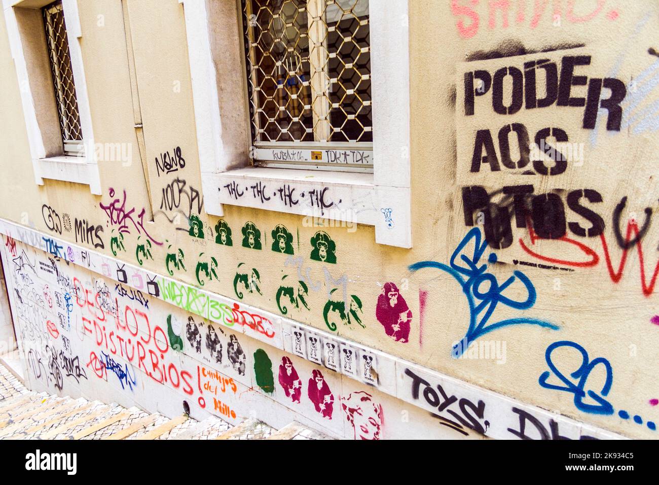 LISBONA, PORTOGALLO - DEC 28, 2008: Facciata nella città vecchia con graffiti a Lisbona, Portogallo. Ai turisti vengono offerti speciali tour di Street art e Graffity. Foto Stock LISBONA, PORTOGALLO - DEC 28, 2008: Facciata nella città vecchia con graffiti a Lisbona, Portogallo. Ai turisti vengono offerti speciali tour di Street art e Graffity. Foto Stock