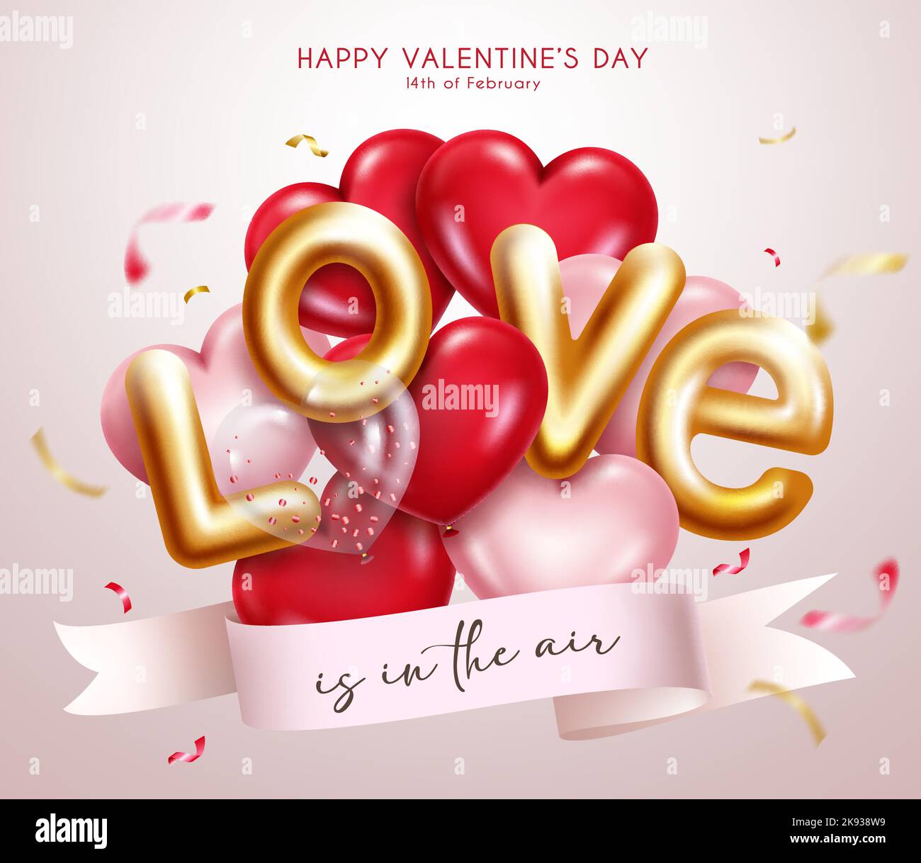 Il concept design vettoriale dell'amore di San Valentino. Love 3D balloon testo con carino cuore galleggiante palloncini elementi per il giorno di San Valentino decorazione e saluto. Illustrazione Vettoriale