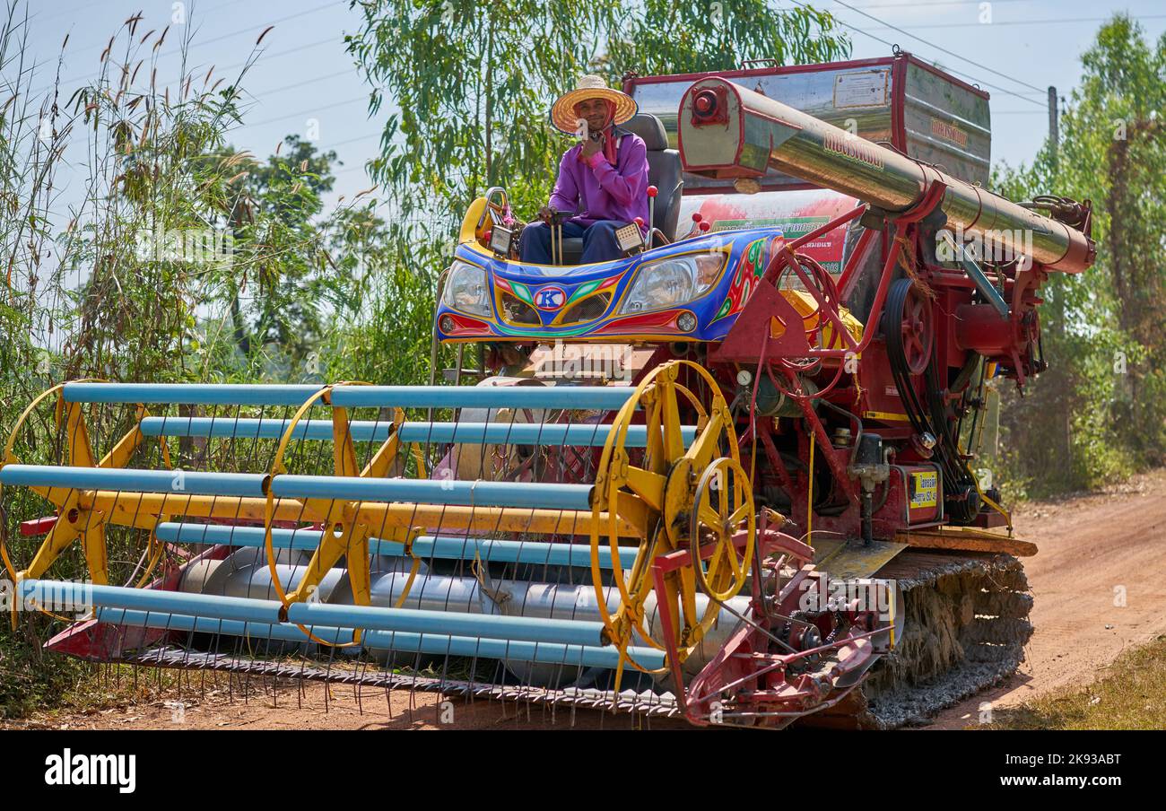 Un uomo siede su una macchina per la raccolta del riso su una piccola strada rurale in Thailandia. Foto Stock