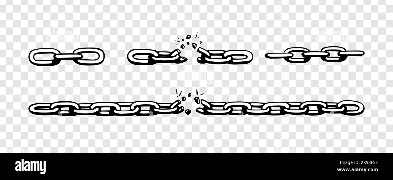 Catena spezzata con frantumazioni come simbolo di forza e libertà. Schizzo delle catene metalliche. Illustrazione vettoriale isolata su sfondo trasparente Illustrazione Vettoriale
