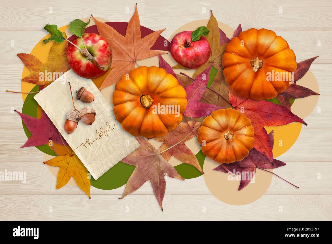 Mele, zucche, ghiande su tovagliolo che dice grato, e foglie cadute su sfondo di legno chiaro. Vista dall'alto. Sfondo autunnale di ringraziamento. Foto Stock