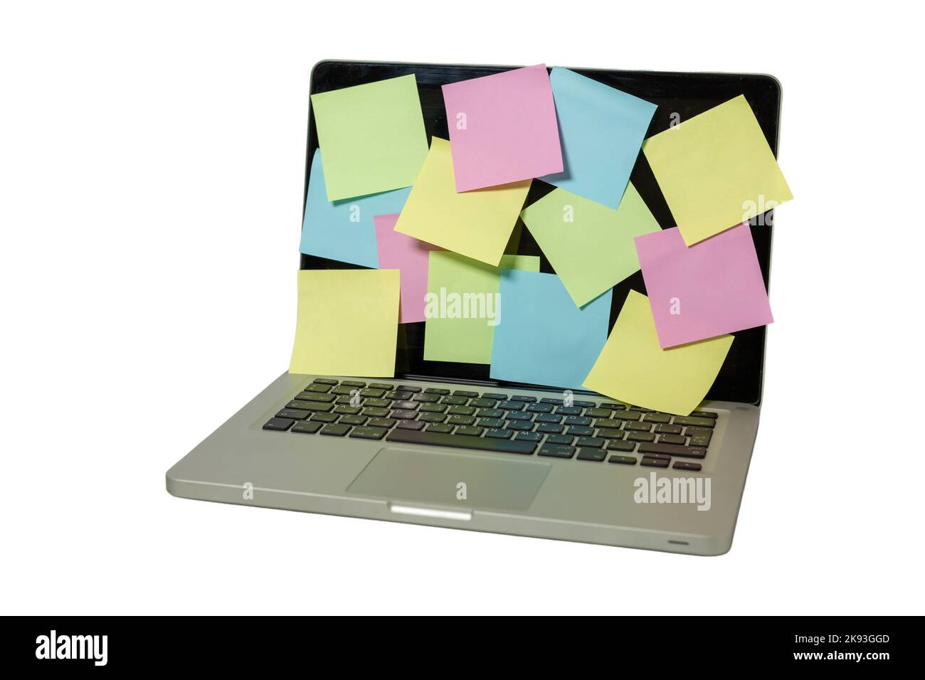 Schermo del notebook pieno di note adesive colorate isolate su sfondo bianco Foto Stock