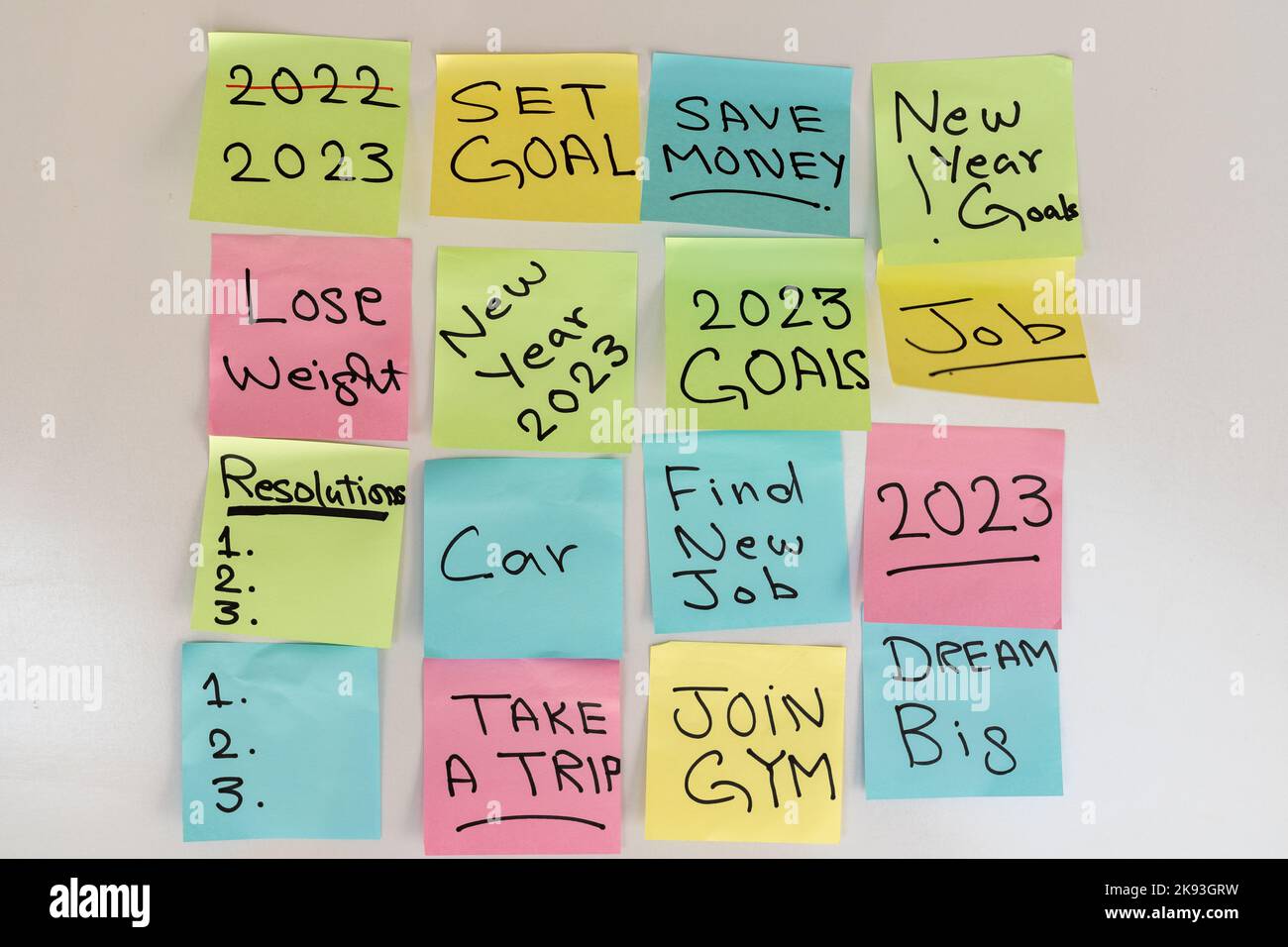 Risoluzioni e obiettivi del nuovo anno 2023 scritti su note appiccicose su sfondo bianco isolato Foto Stock