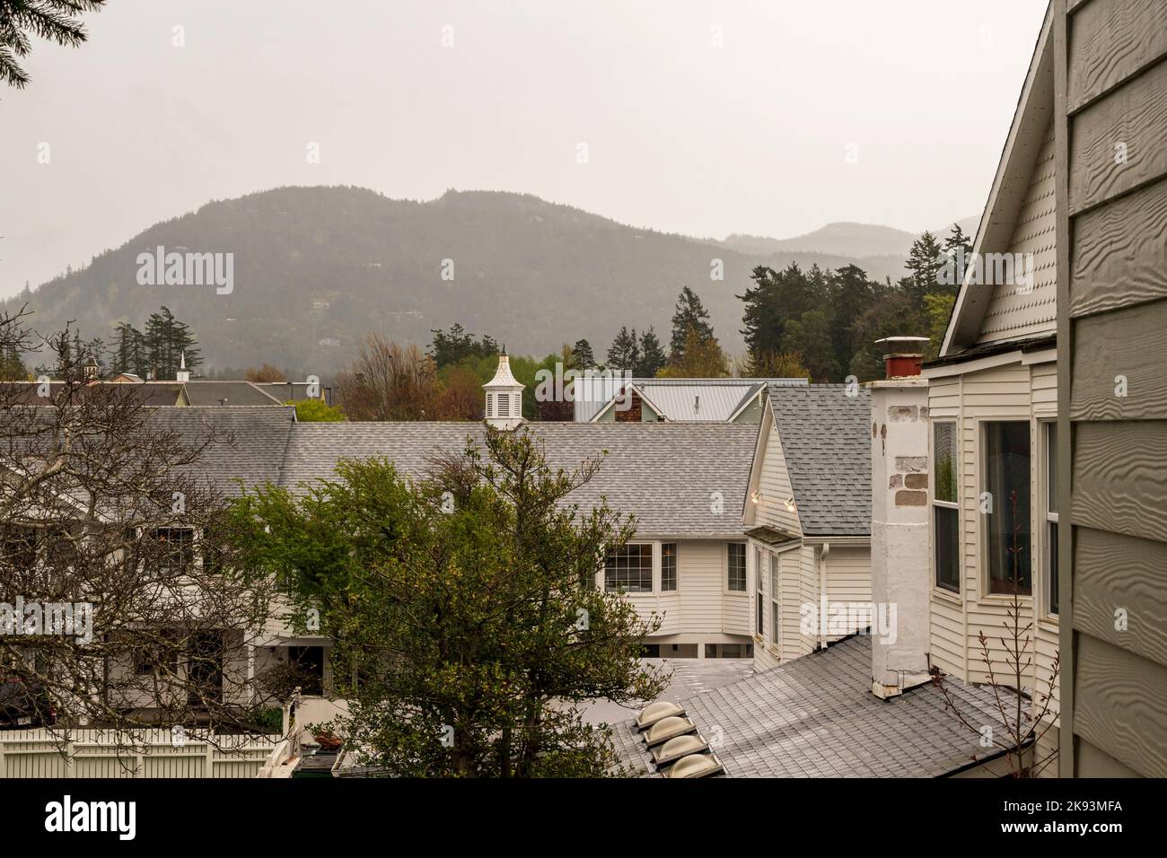 Una vista delle colline di Orcas Island, Washington, USA, come visto dall'Outlook Inn in Eastsound. Foto Stock