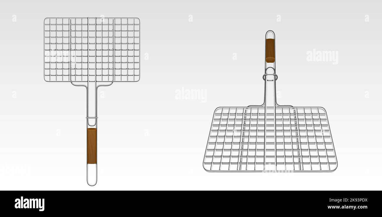 Griglia per barbecue, cestello per grill con manico in legno in alto e vista prospettica. Griglia in acciaio per grigliare carne, cucinare barbecue, bistecche e salsicce al fuoco, set realistico vettoriale isolato su sfondo bianco Illustrazione Vettoriale