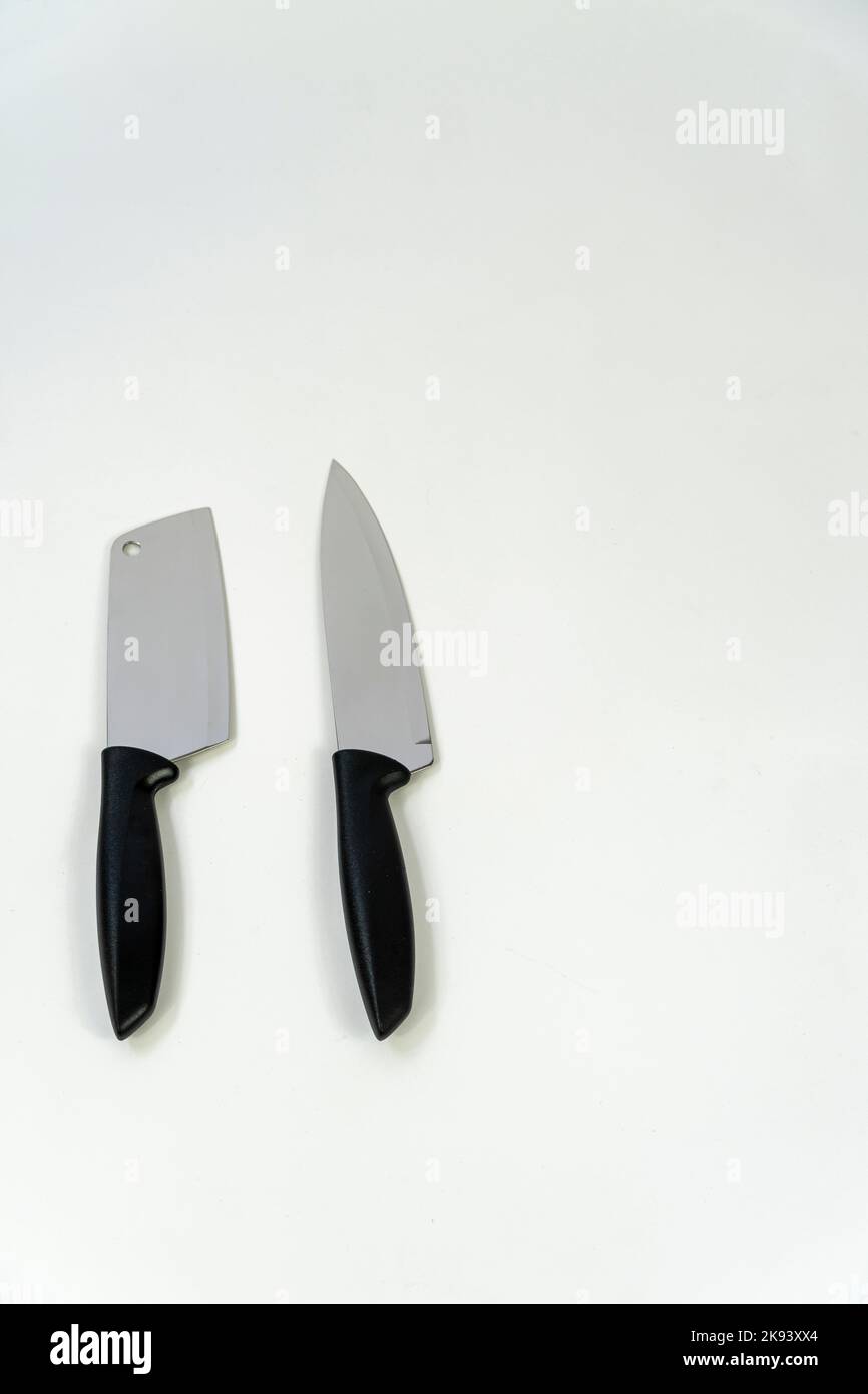 coltelli da cucina in acciaio, isolati su bianco, coltelli da cucina in metallo, messico Foto Stock