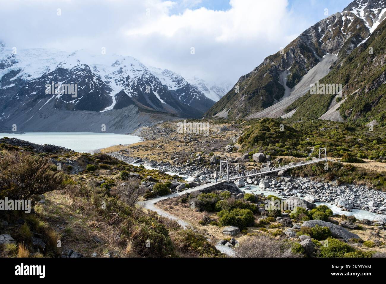 Ammira la Hooker Valley, il parco nazionale di Aoraki/Mt Cook con un'atmosfera da cartolina d'epoca Foto Stock