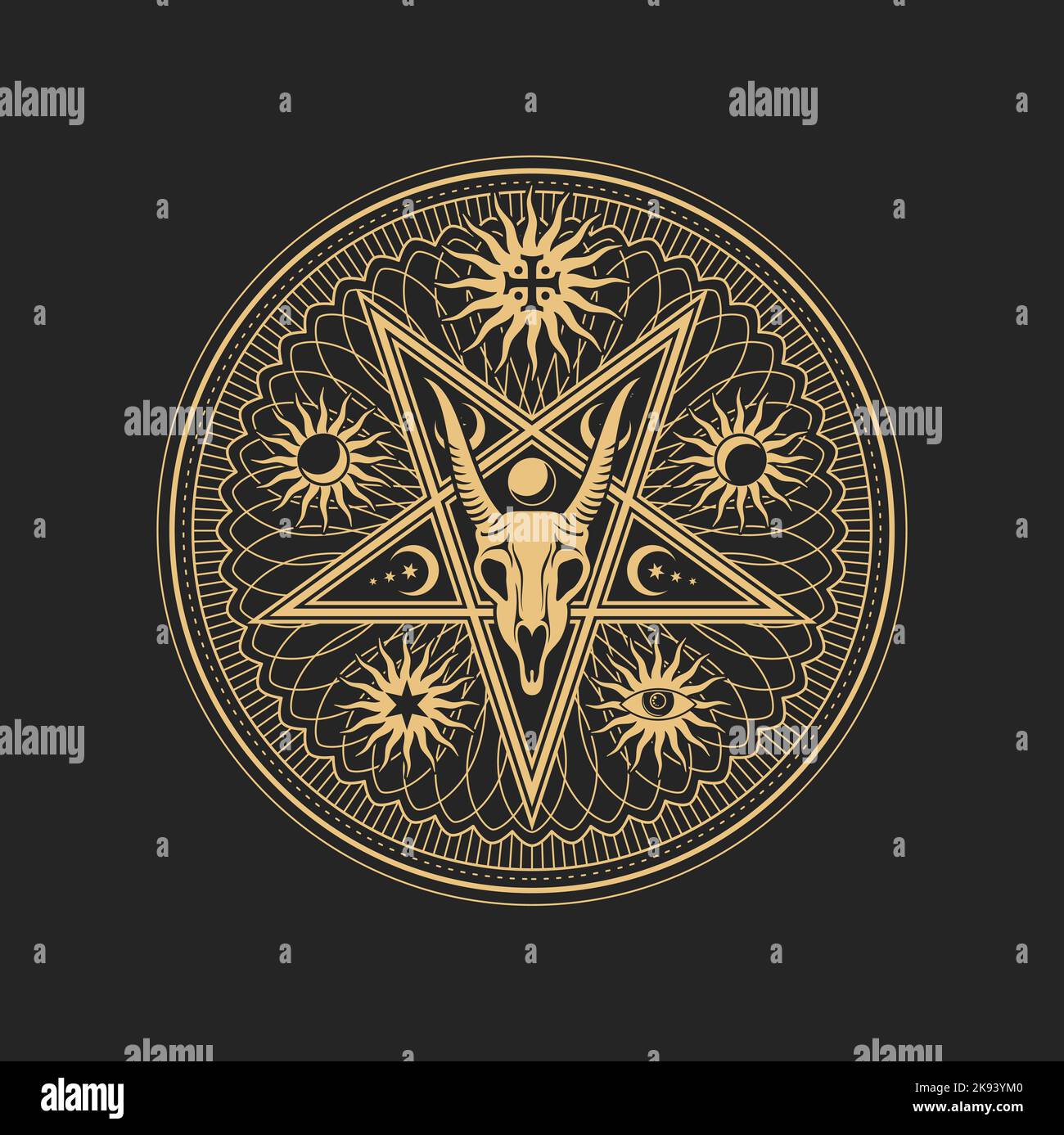 Segno di pentagramma esoterico occulto con cranio di capra in stella con fasi lunari e sole con raggi raggianti all'interno del cerchio. Emblema di magia spirituale vettoriale, alchimia isolata, simbolo wicca o pagano Illustrazione Vettoriale