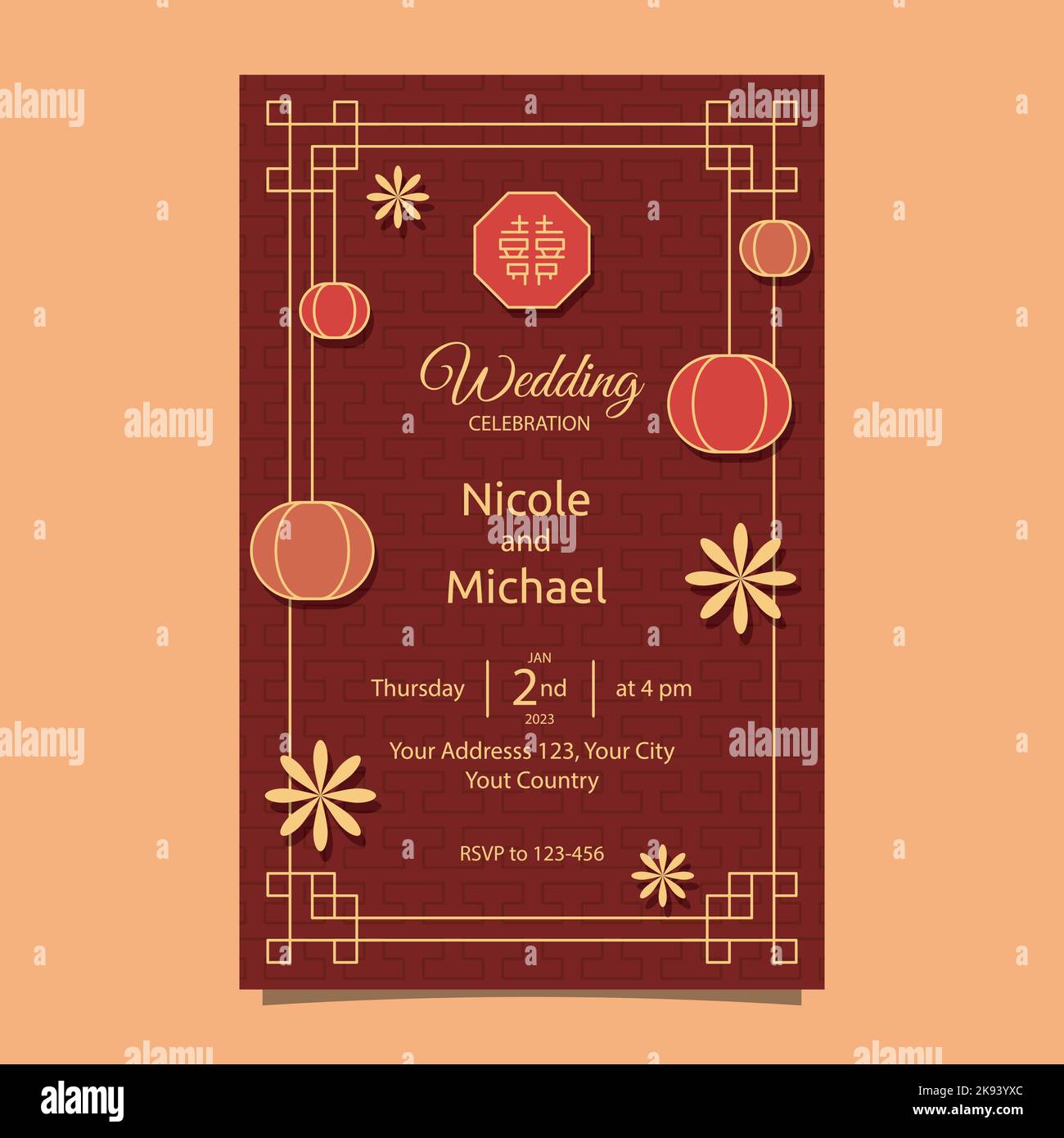 Red Yellow Chinese Wedding Invitation Card Design Template Illustrazione Vettoriale