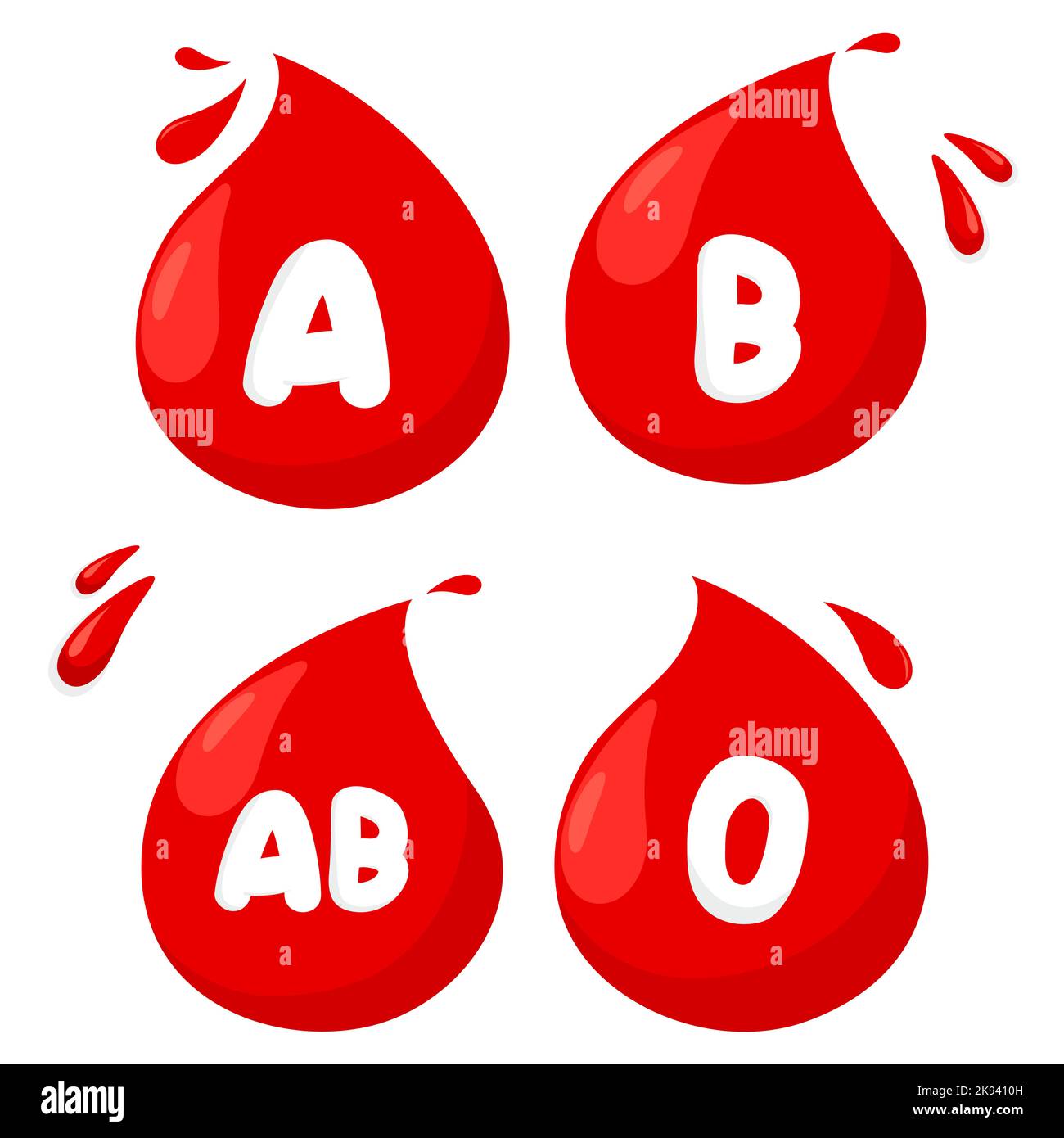 Gocce di sangue con tipi di sangue. Foto Stock