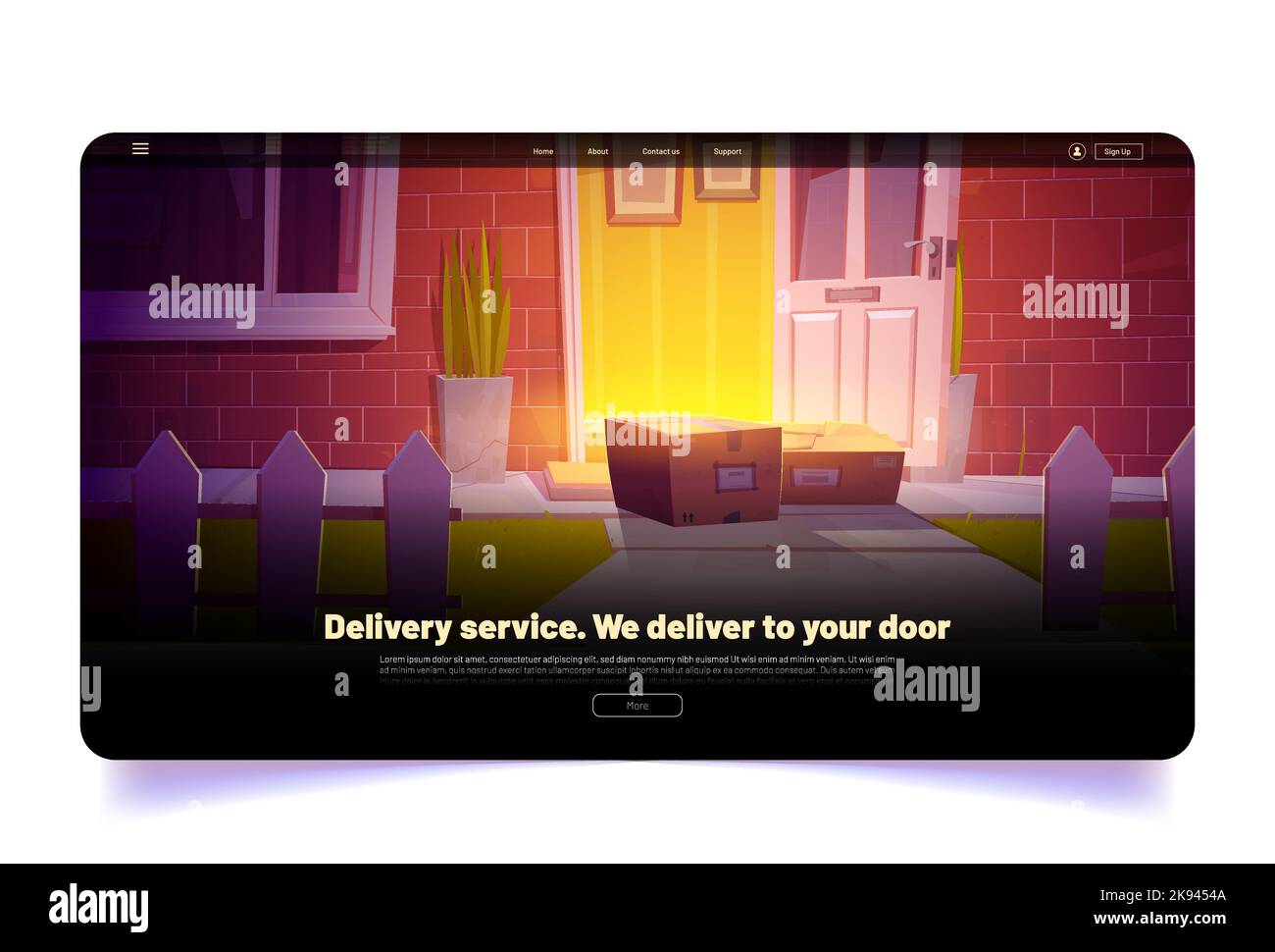 Landing page del cartone animato del servizio di consegna. Scatole di pacchi che si trovano davanti alla porta aperta all'ingresso di casa. Corriere lavoro, spedizione, logistica, trasporto postale Vector banner web con cartoni in cantiere Illustrazione Vettoriale