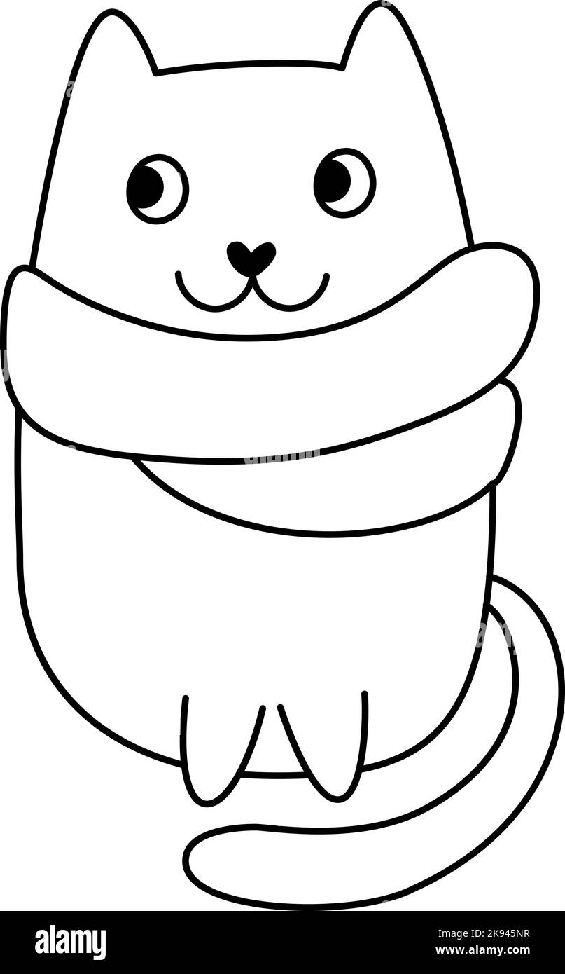 Carino bambino cartone animato Natale gatto vettore avvolto in sciarpa. Linee bianche e nere. Doodle in stile scandinavo per il nuovo anno. Risorsa grafica per grafica Illustrazione Vettoriale