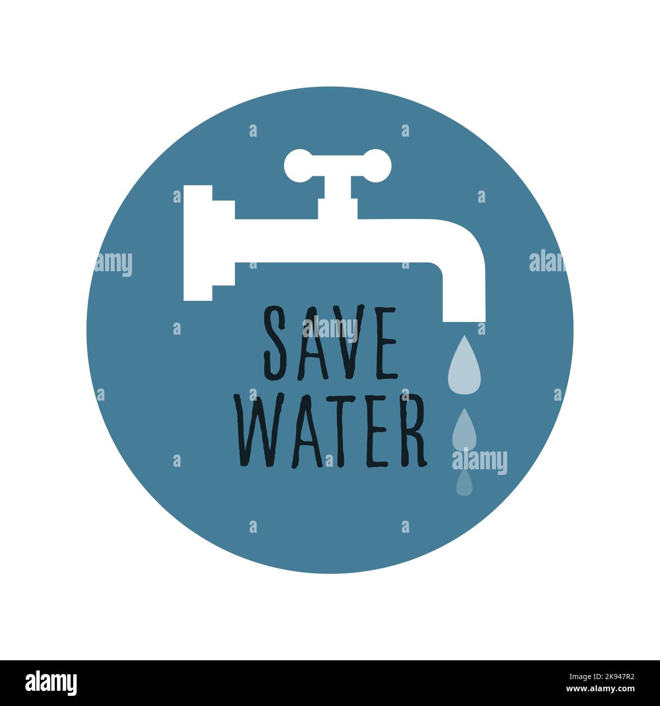 Badge per risparmiare acqua, illustrazione vettoriale con rubinetto e gocce. Illustrazione Vettoriale