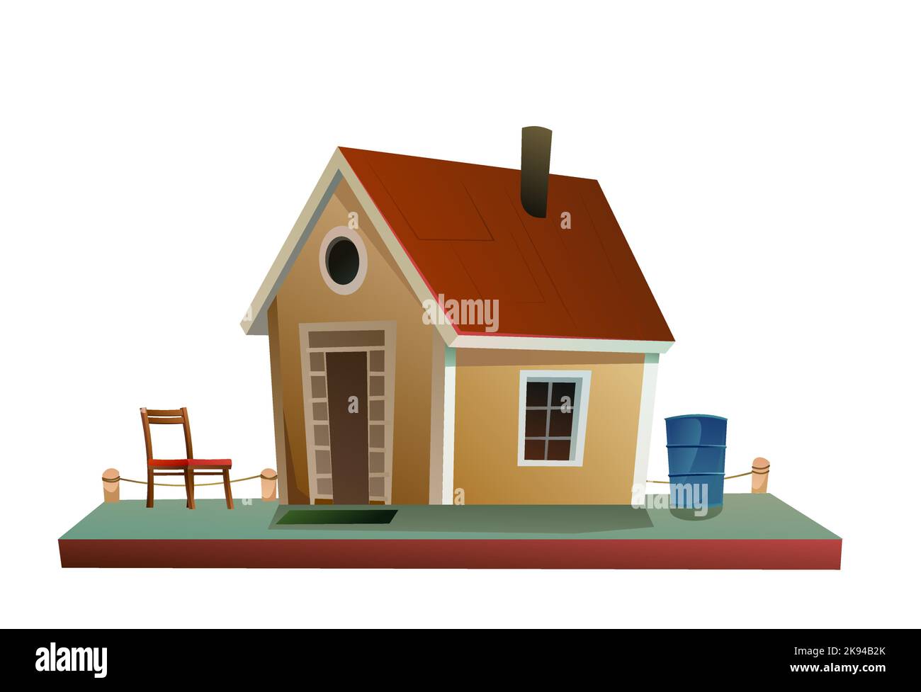 Casa galleggiante. Abitazione con piccolo cortile sull'acqua. Isolato su sfondo bianco. Vettore di illustrazione Illustrazione Vettoriale