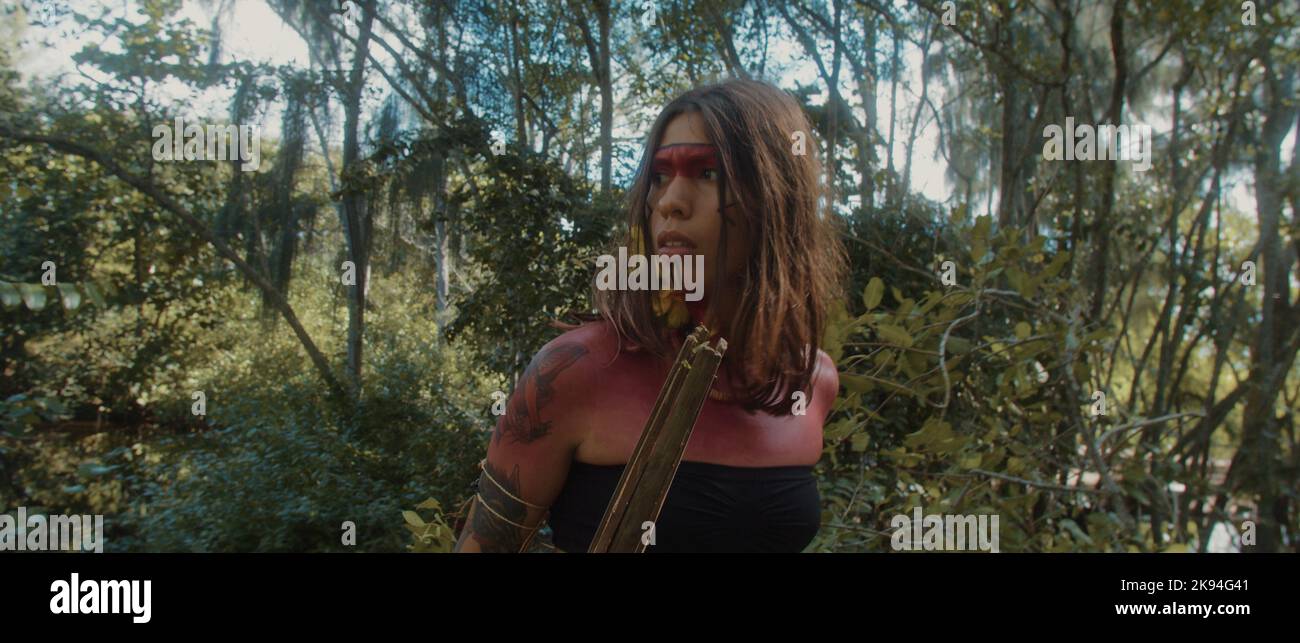 Una foto panoramica di una femmina indigena in una foresta del Brasile Foto Stock