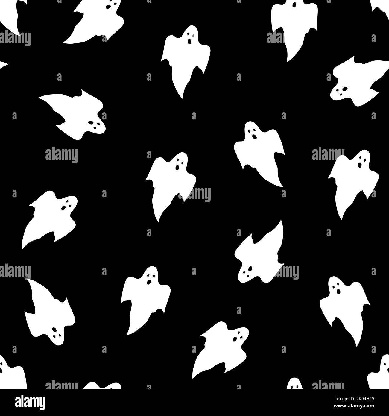 Fantasmi bianchi su sfondo nero motivo senza cuciture. Semplice ripetizione per Halloween. Grafica vettoriale Illustrazione Vettoriale