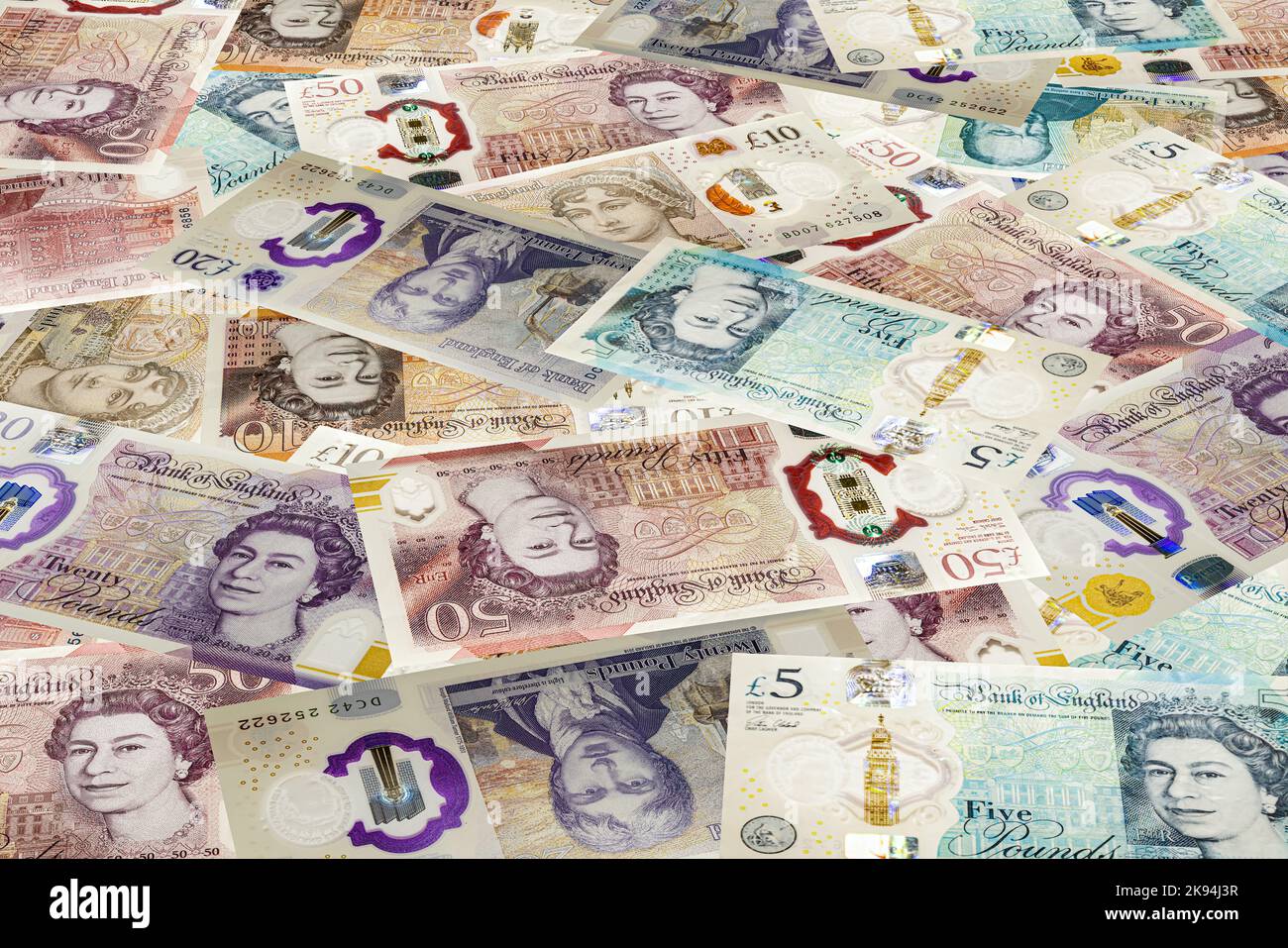 Regno Unito denaro polimero banconote sfondo british Sterlina stirling sfondo carta da parati britannica denaro carta da parati. Foto Stock