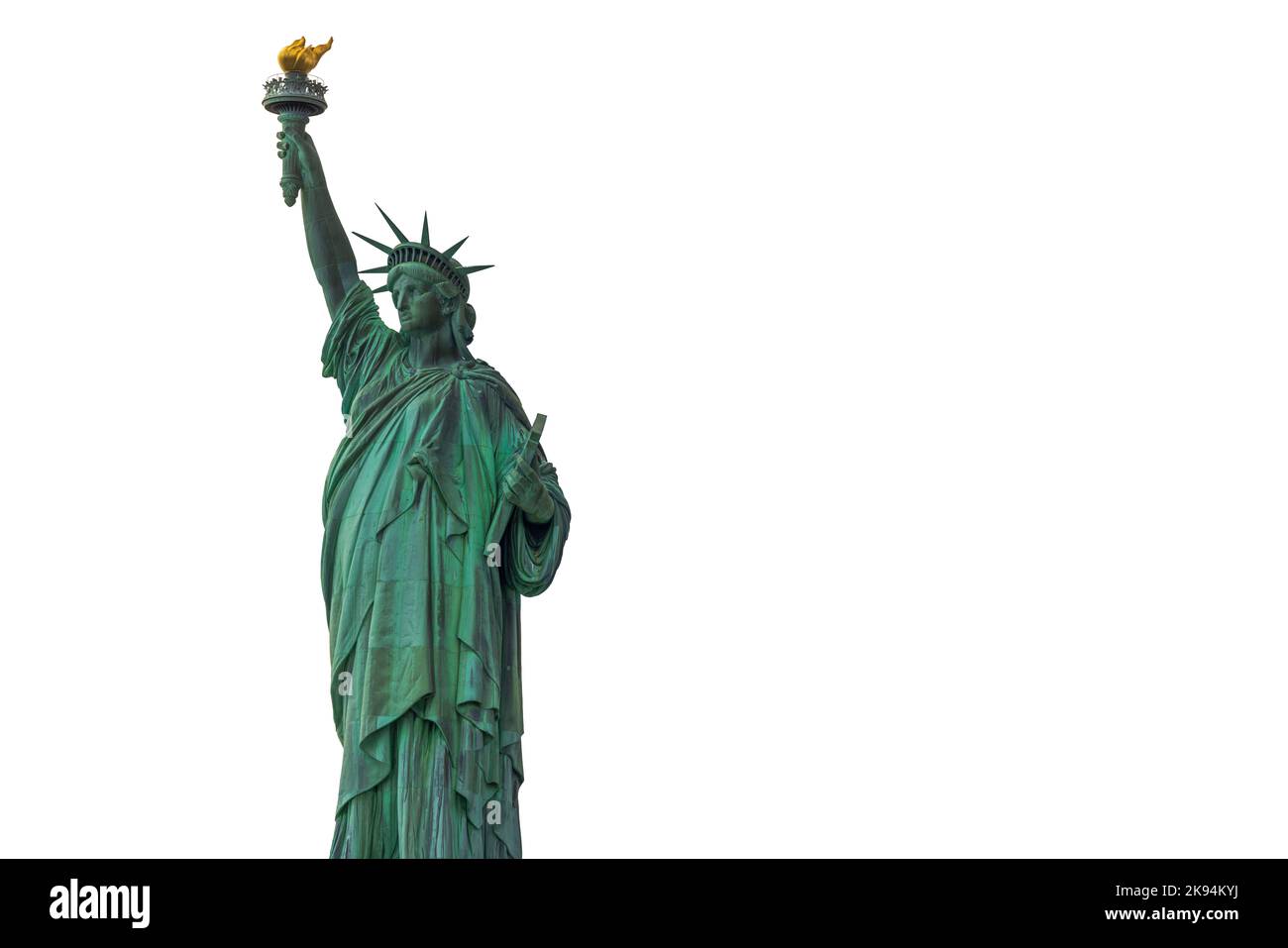 Vista ravvicinata della Statua della libertà su Liberty Island, nell'isolamento di New York, su sfondo bianco. STATI UNITI. Foto Stock