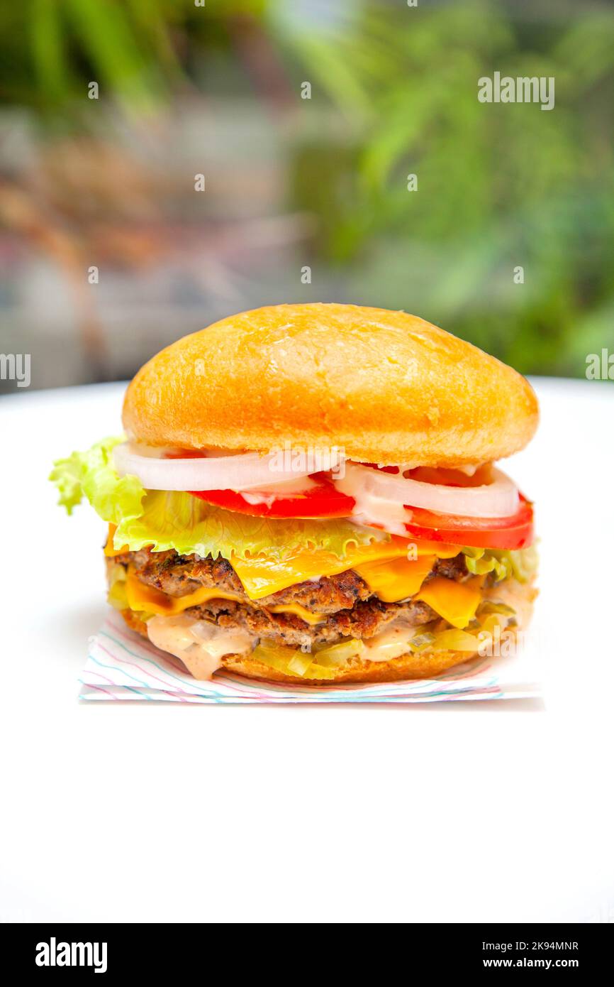 Hamburger americano con doppio formaggio su un tavolo bianco in un bar con sfondo verde. Foto Stock