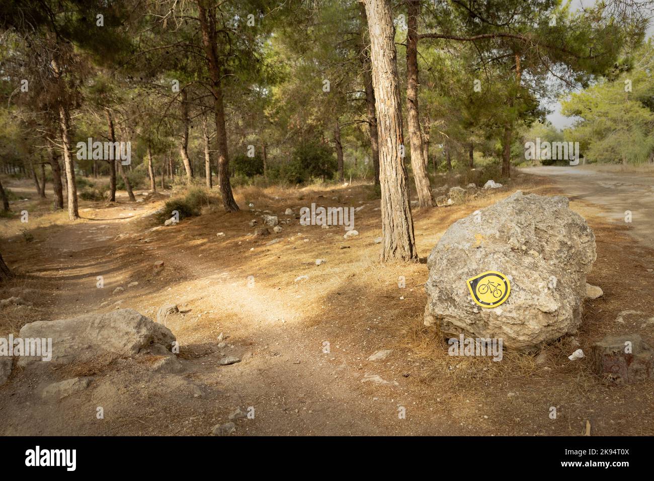 sentiero per mountain bike con un cartello di direzione Foto Stock