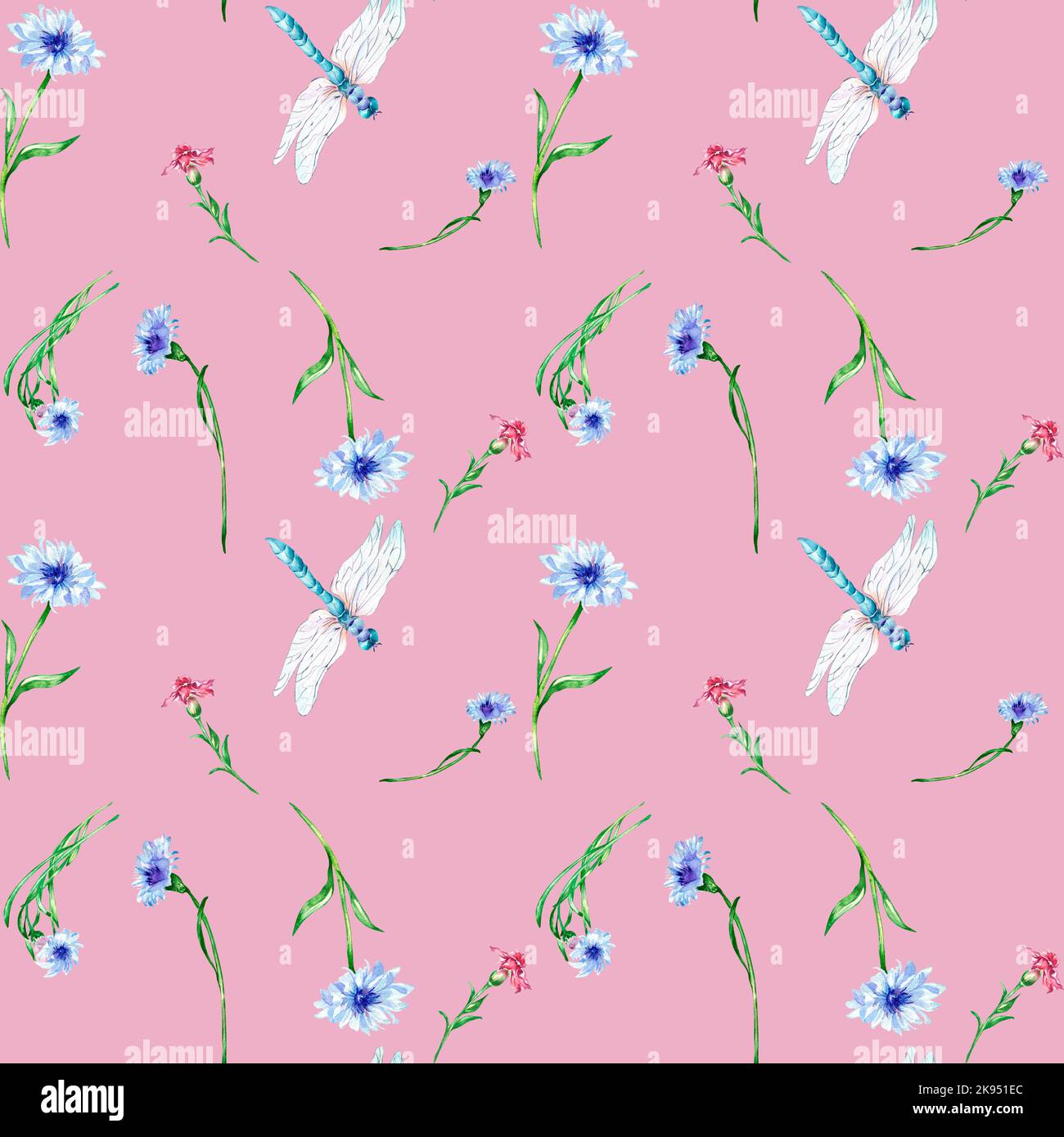 Blu prato. Fiori rossi con acquerello dragonfly illustrazione senza cuciture motivo su rosa. Cornflower e garofano, insetti disegnati a mano. Design per il tessuto Foto Stock