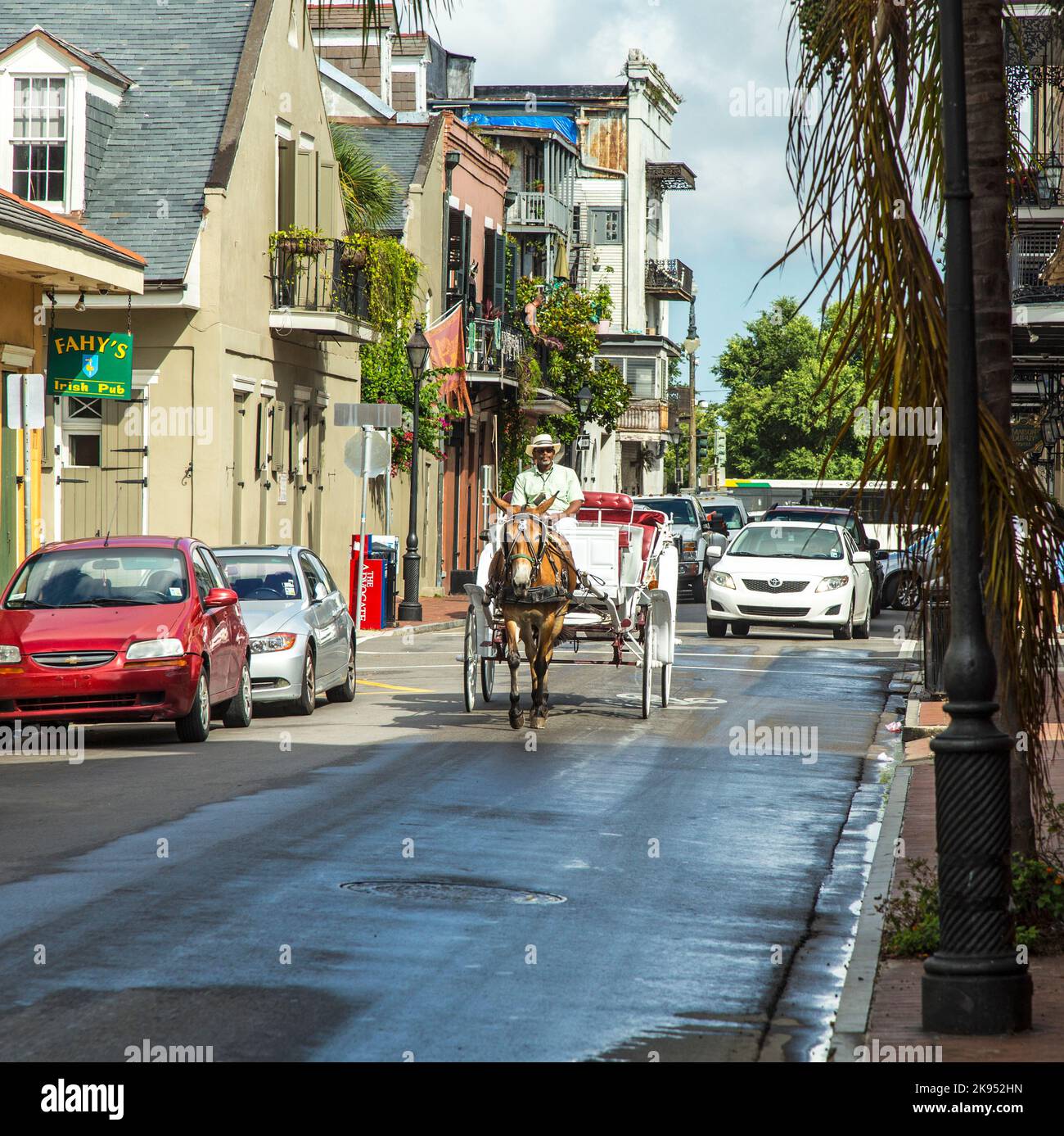NEW ORLEANS, Stati Uniti d'America - 17 LUGLIO: Corse con carretto a cavallo a Jackson Square il 27 luglio 2013 a New Orleans, Stati Uniti. Le carrozze possono ospitare fino a quattro persone e c Foto Stock