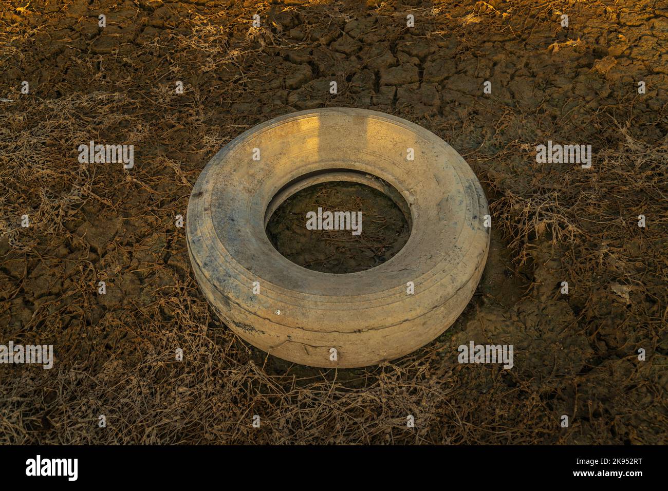 Pneumatico dell'automobile danneggiato su sabbia bagnata Foto Stock