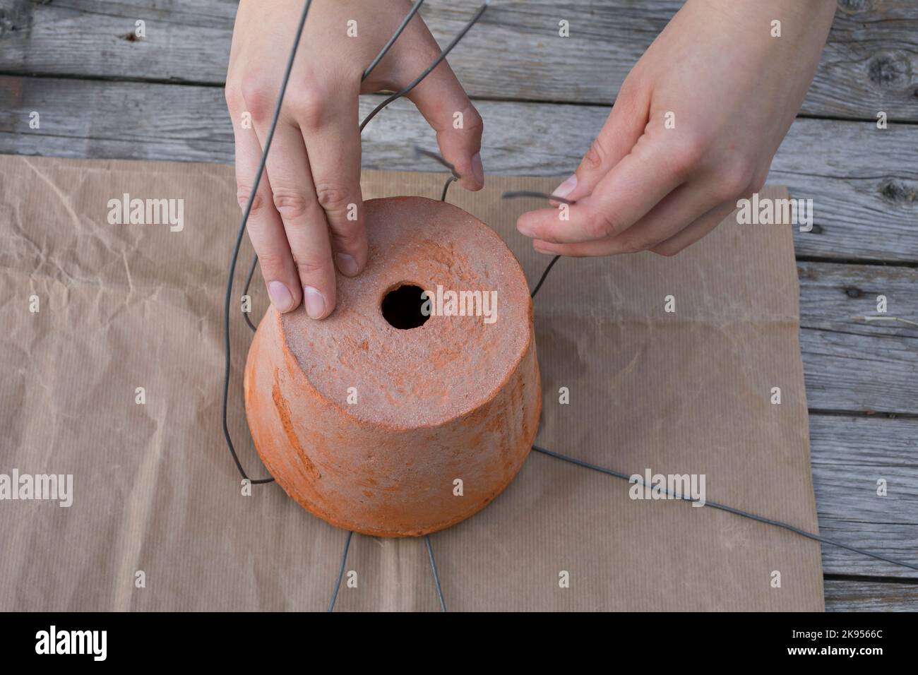 realizzazione di un dispenser per il materiale di nidificazione per uccelli o scoiattoli, fase 3: l'estremità libera del filo viene piegata attorno ad un vaso da fiori, figura 3/5 Foto Stock