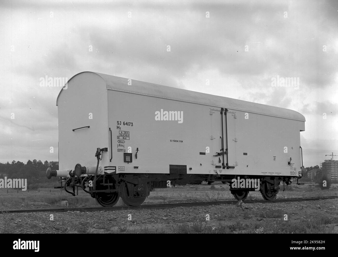 Le Ferrovie dello Stato, SJ HZ 64173. Un carrello di raffreddamento più moderno senza scatole di ghiaccio ma con un refrigeratore elettrico. Le macchine di raffreddamento sono state rimosse dai carri Hz negli anni '1960s, dopo di che sono state utilizzate come carri isolati. Foto Stock